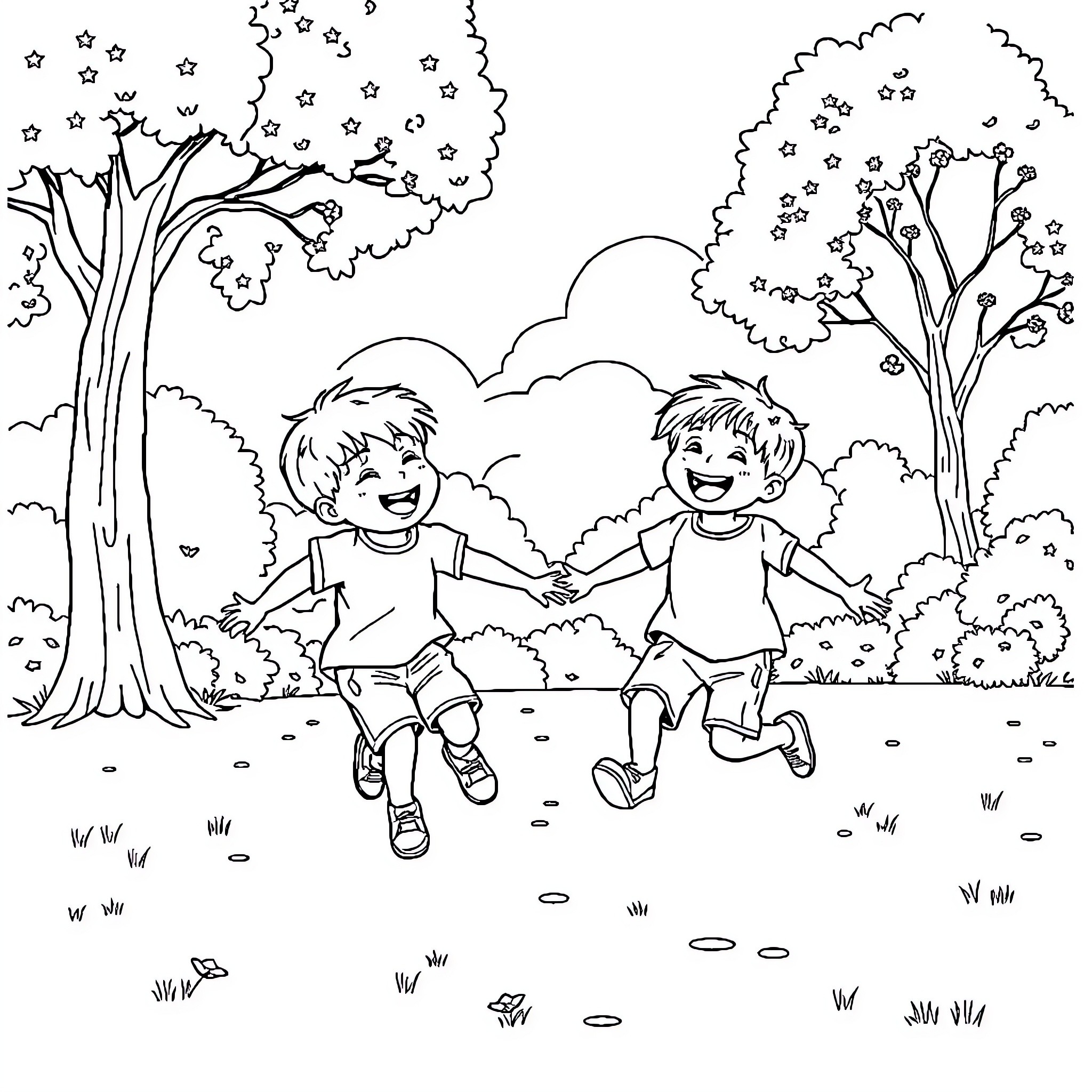 Children playing joyfully in the park Coloring Page (free black-and-white line drawing printable PDF for all, from beginners to advanced learners, including children, teens, adults, and seniors)