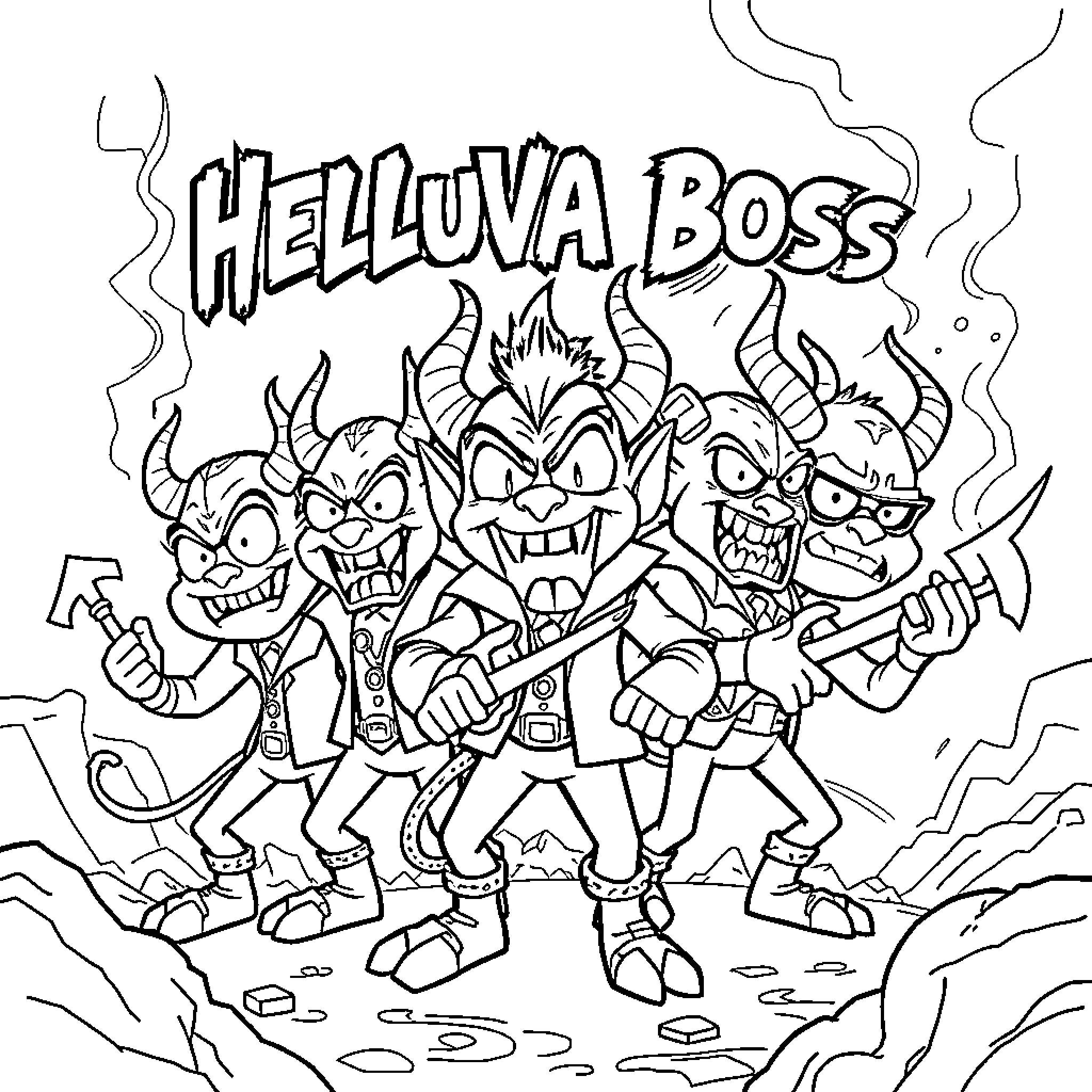 Helluva Boss - Mischievous Demon Crew Coloring Page (free black-and-white line drawing printable PDF for all, from beginners to advanced learners, including children, teens, adults, and seniors)
