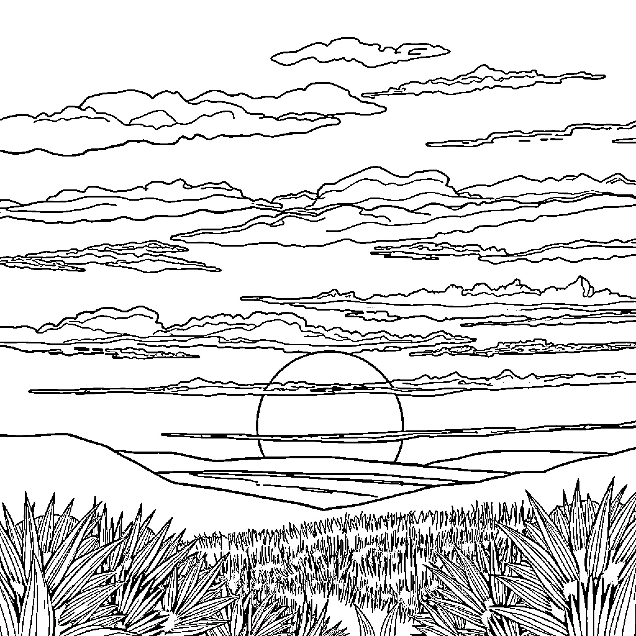 Sunset over a serene landscape Coloring Page (free black-and-white line drawing printable PDF for all, from beginners to advanced learners, including children, teens, adults, and seniors)