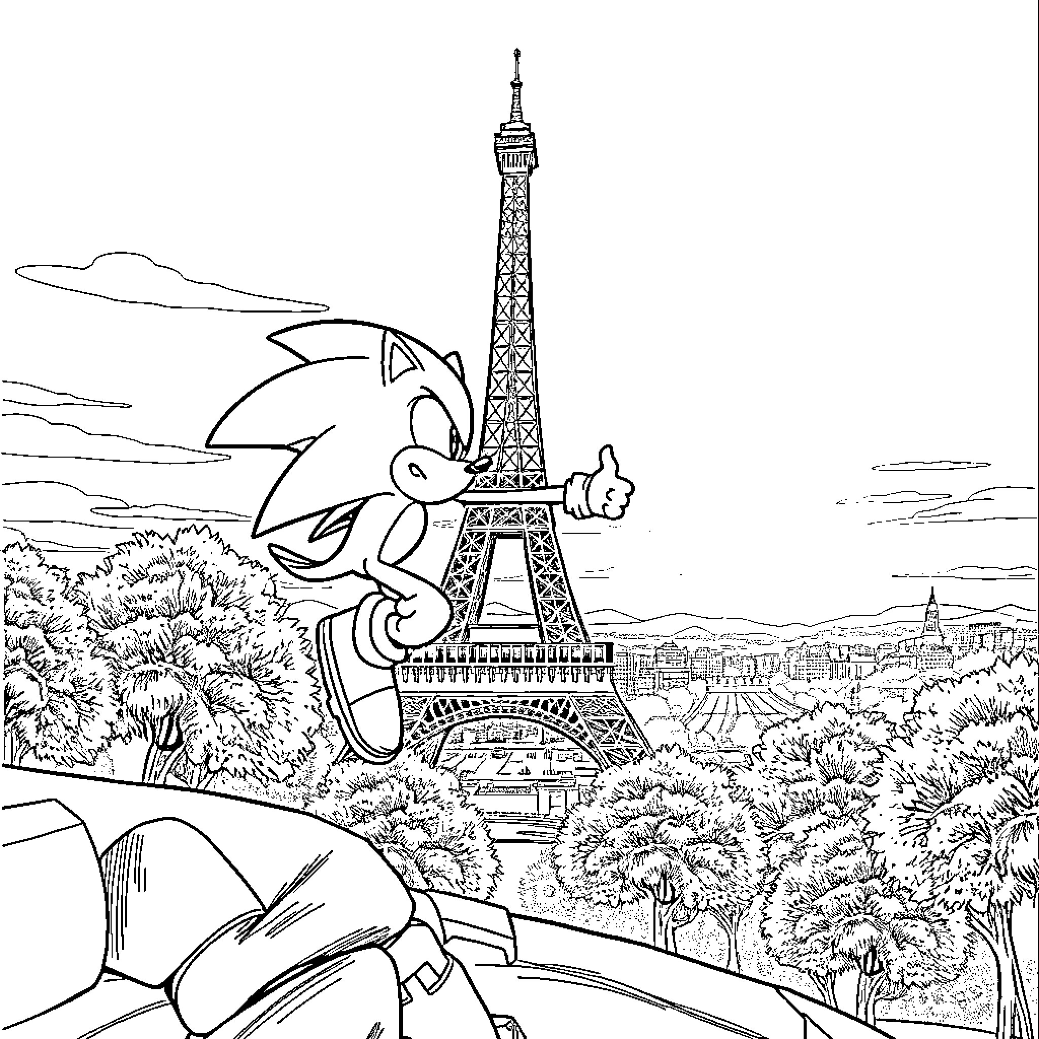 Sonic exploring the iconic Eiffel Tower in Paris Coloring Page (free black-and-white line drawing printable PDF for all, from beginners to advanced learners, including children, teens, adults, and seniors)