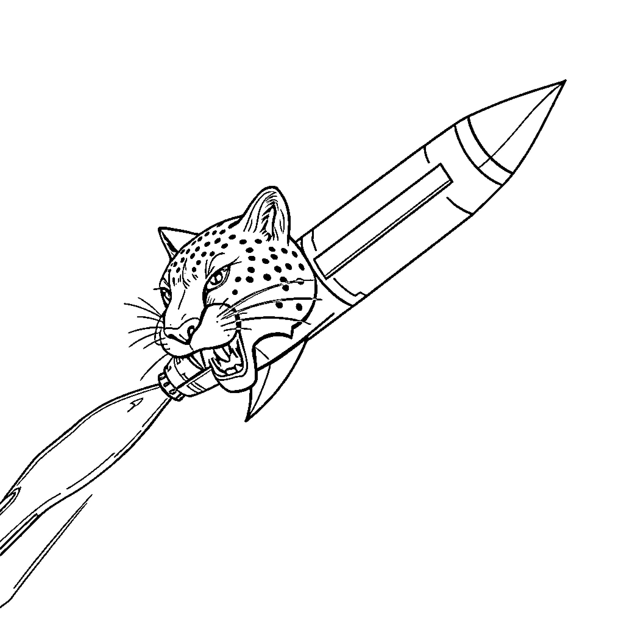 Cougar riding a rocket missile Coloring Page (free black-and-white line drawing printable PDF for all, from beginners to advanced learners, including children, teens, adults, and seniors)