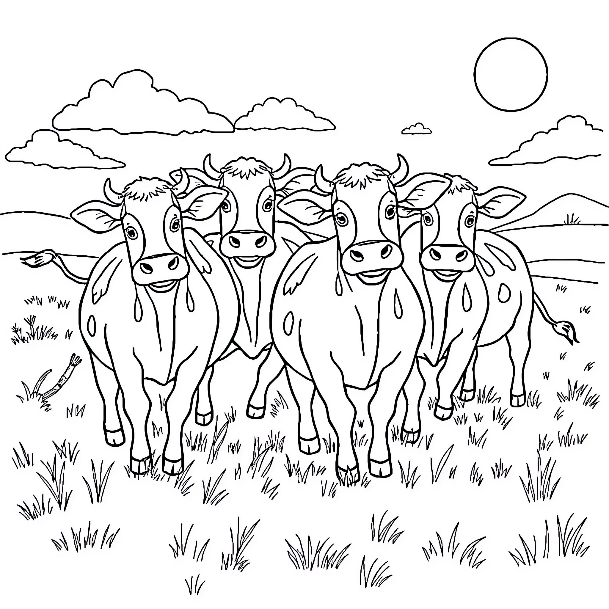 Cow friends enjoying the pasture Coloring Page (free black-and-white line drawing printable PDF for all, from beginners to advanced learners, including children, teens, adults, and seniors)