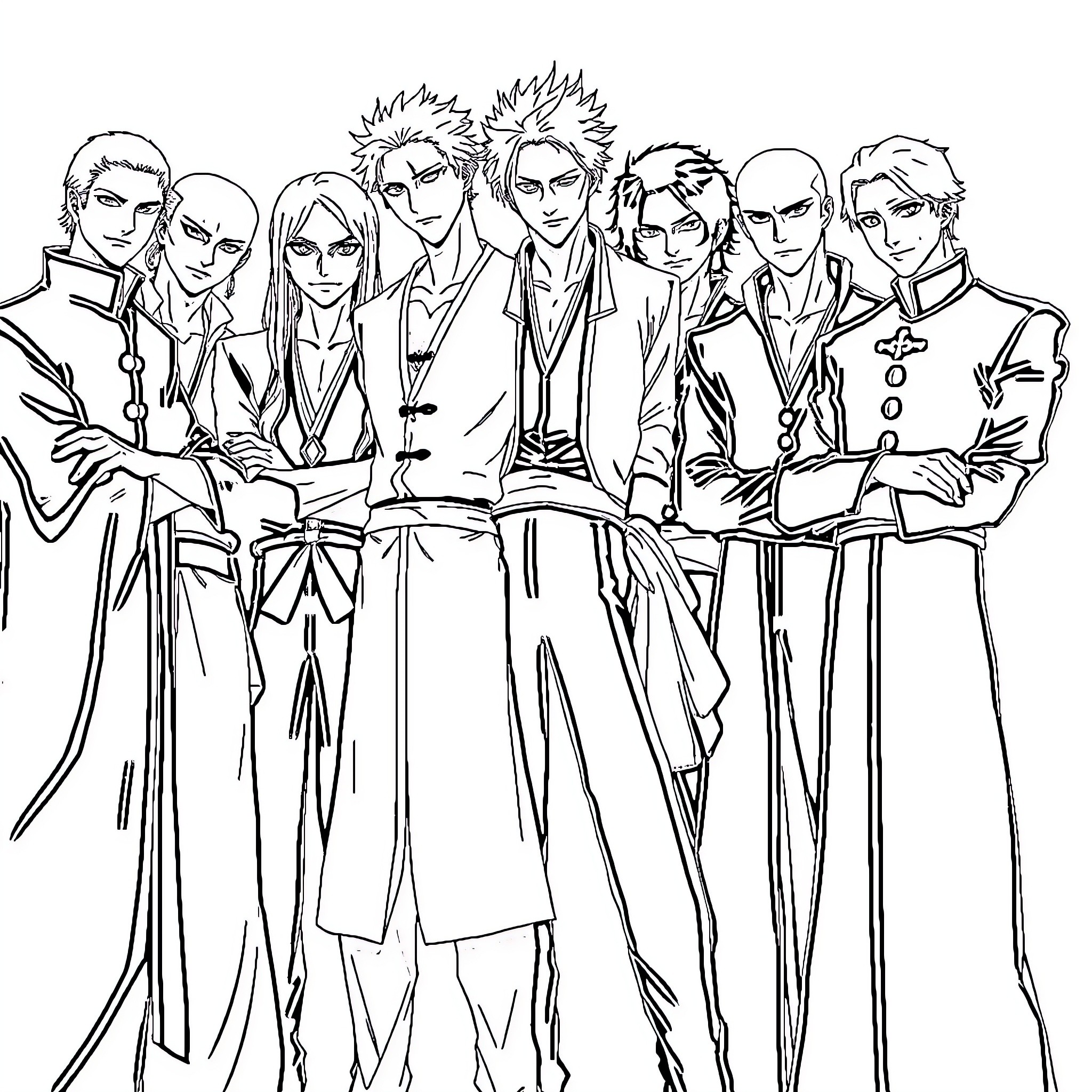 Bleach: Characters in formal attire posing together Coloring Page (free black-and-white line drawing printable PDF for all, from beginners to advanced learners, including children, teens, adults, and seniors)