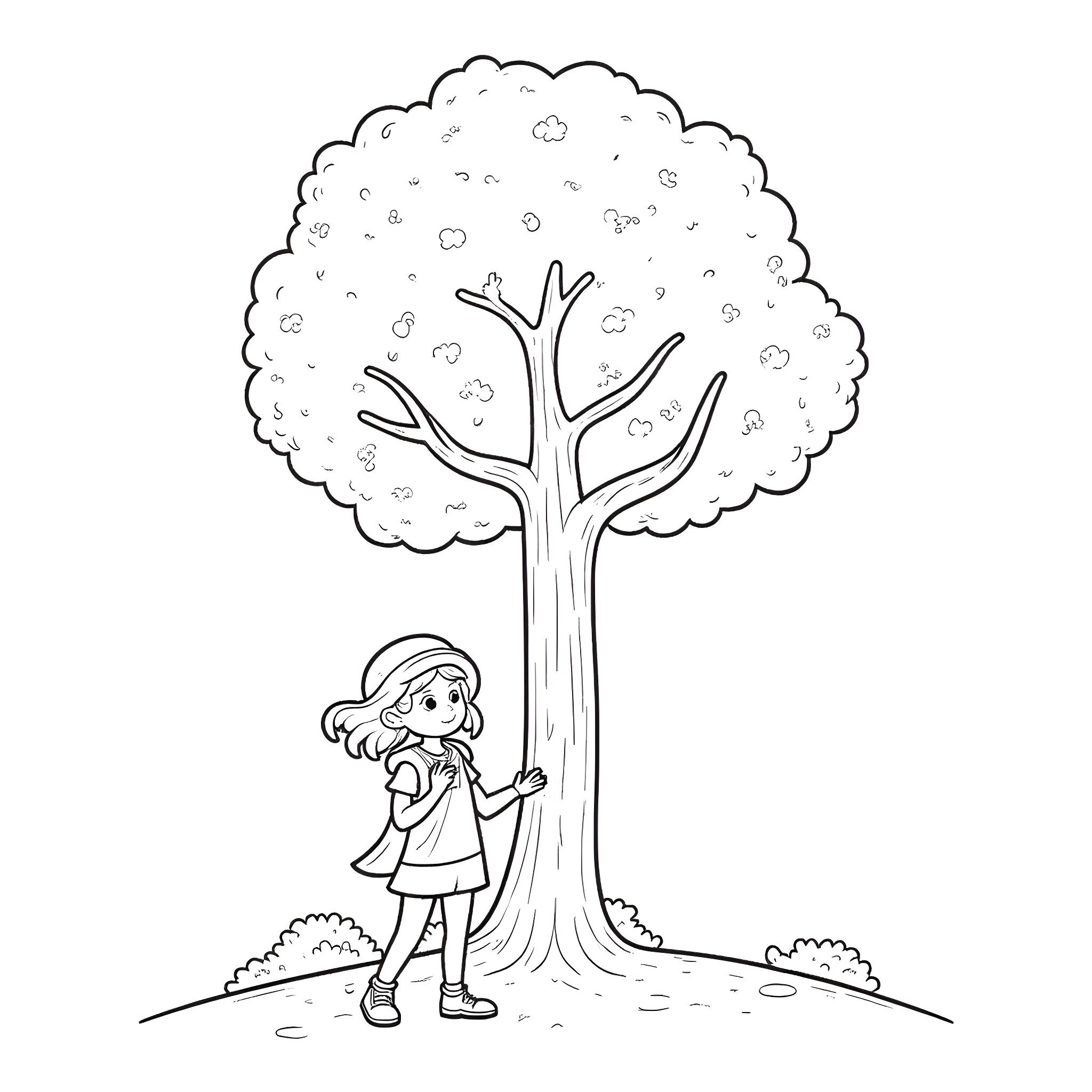 Molly Blyndeff admiring the autumn tree Coloring Page (free black-and-white line drawing printable PDF for all, from beginners to advanced learners, including children, teens, adults, and seniors)