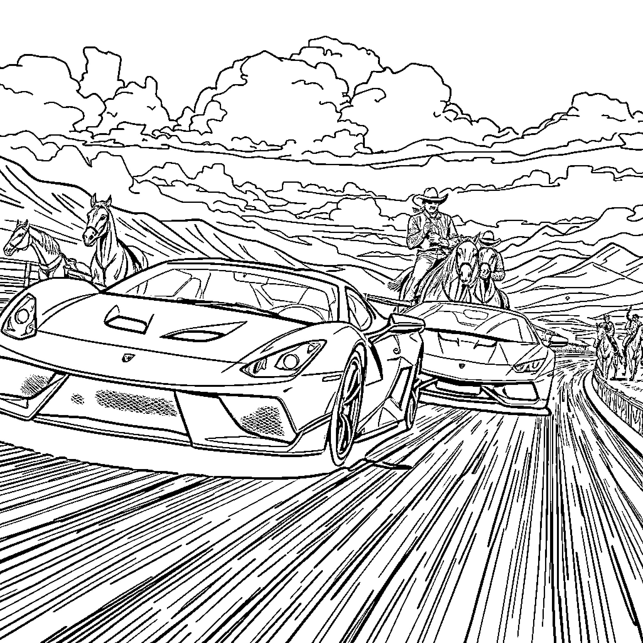 Sport Car Race Through Scenic Countryside Coloring Page (free black-and-white line drawing printable PDF for all, from beginners to advanced learners, including children, teens, adults, and seniors)