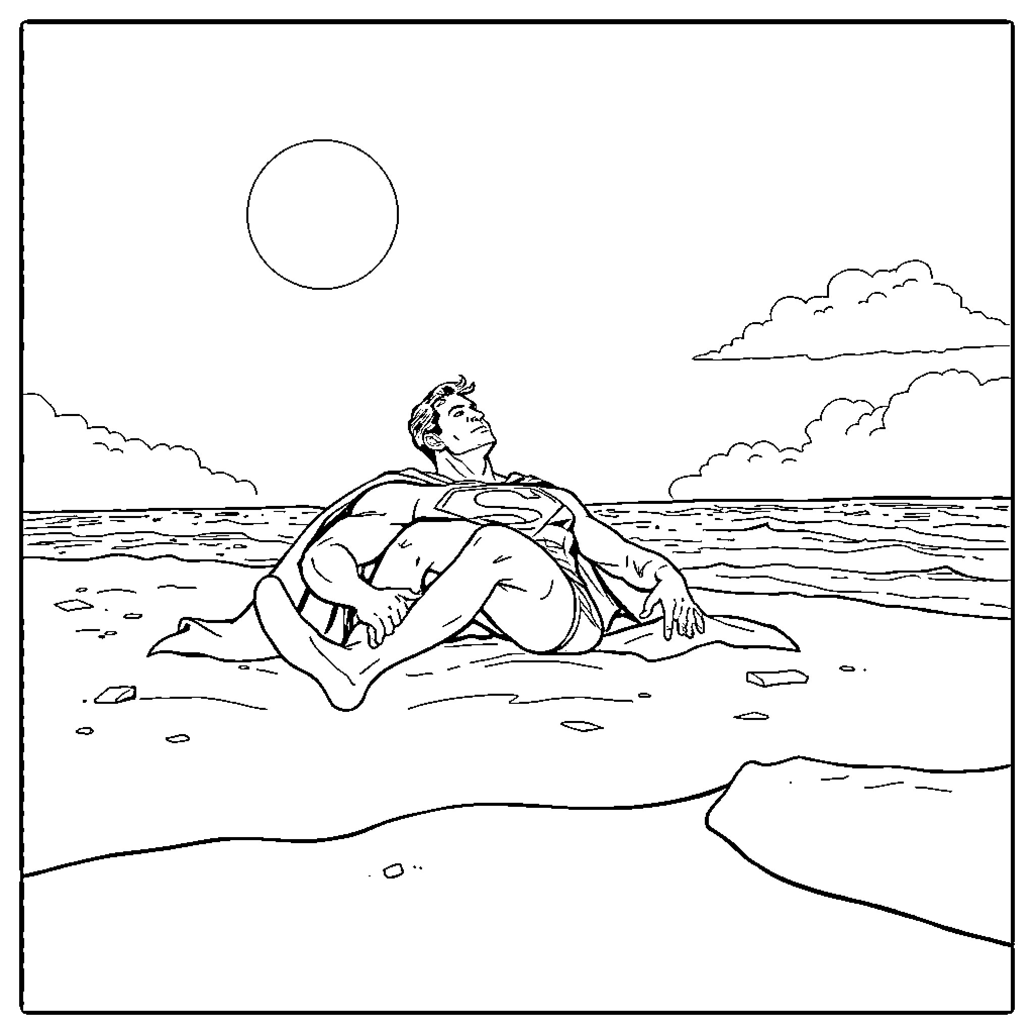 Superman relaxing on the beach under the sun Coloring Page (free black-and-white line drawing printable PDF for all, from beginners to advanced learners, including children, teens, adults, and seniors)