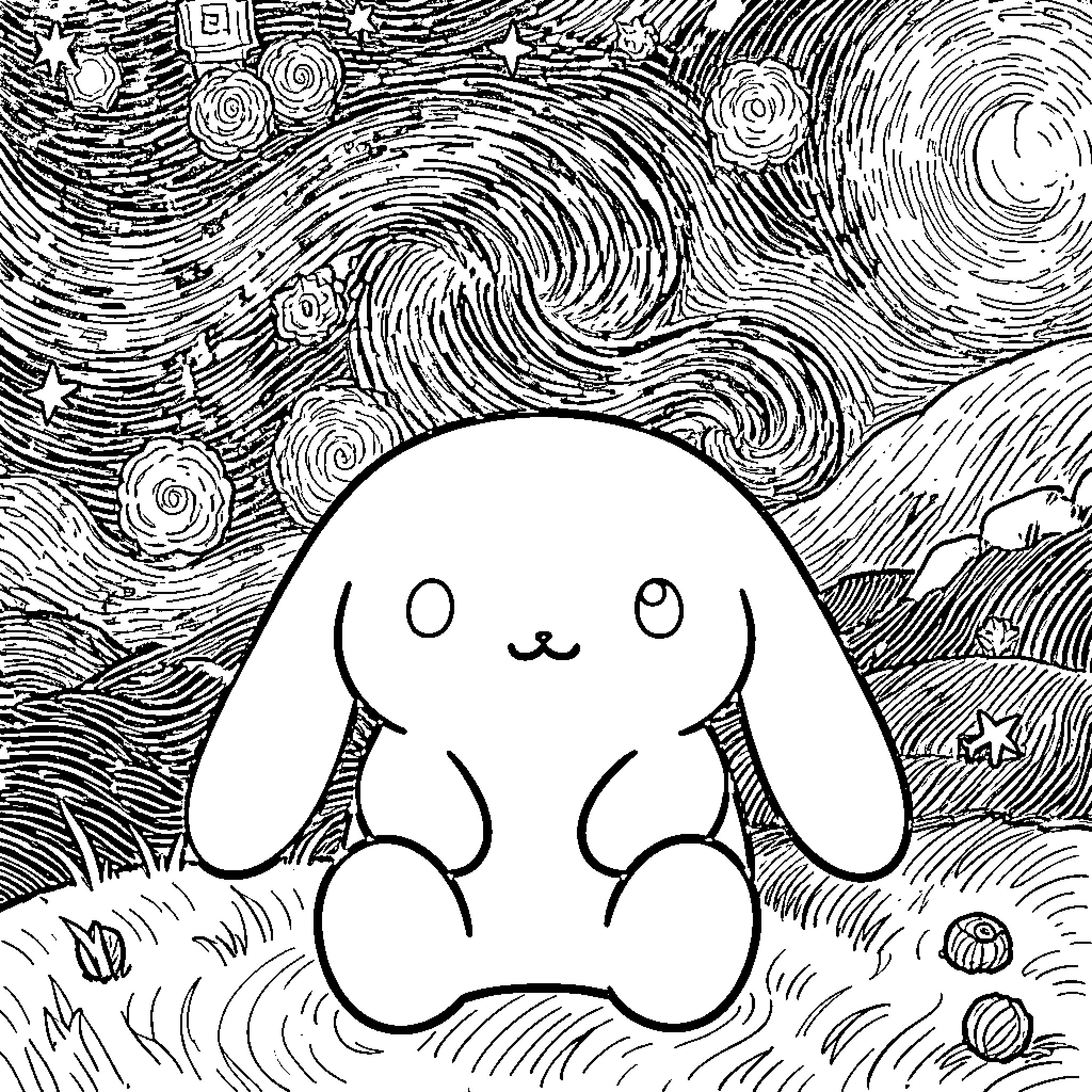 Cinnamoroll enjoying the starry night landscape Coloring Page (free black-and-white line drawing printable PDF for all, from beginners to advanced learners, including children, teens, adults, and seniors)