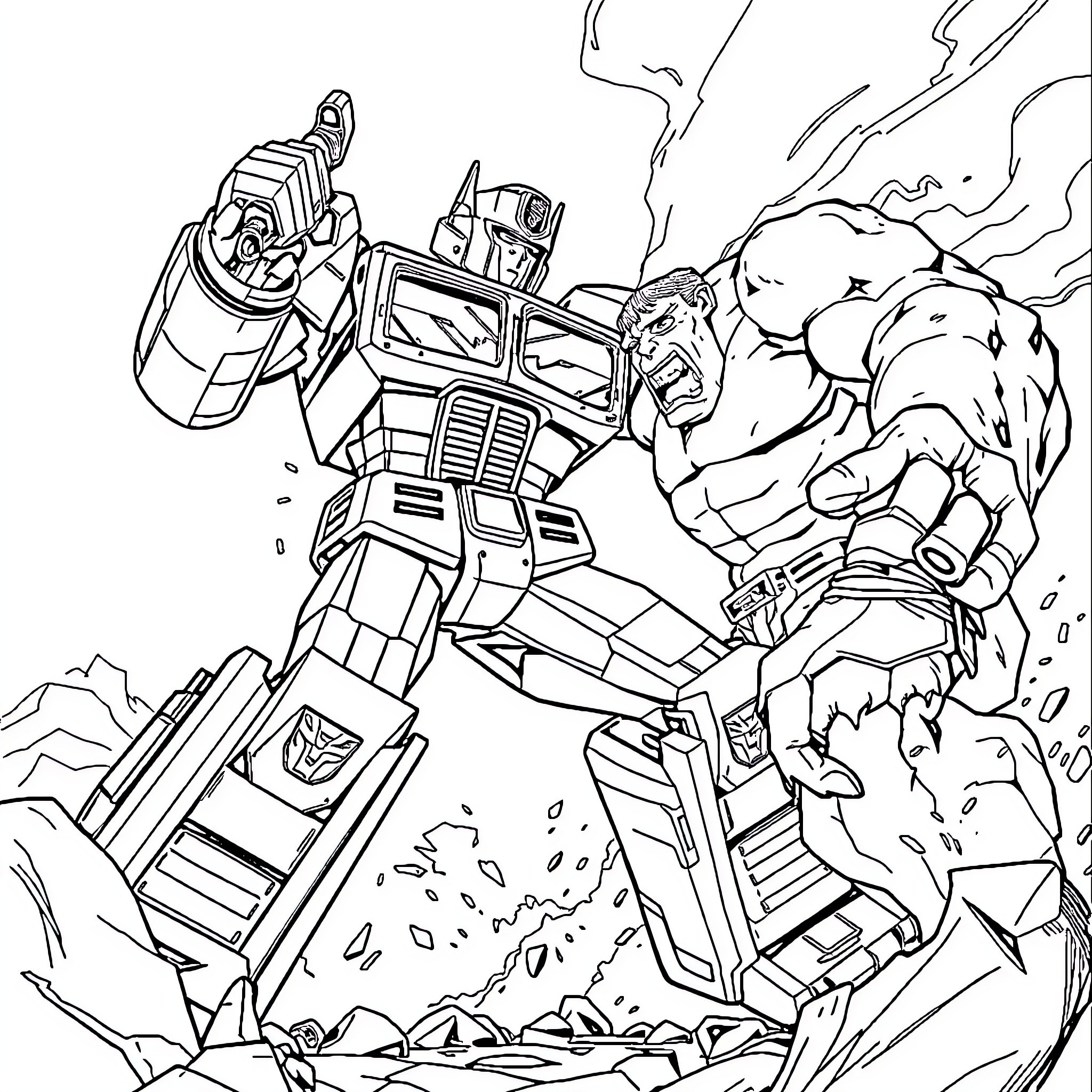 Optimus Prime's epic battle against a powerful foe Coloring Page (free black-and-white line drawing printable PDF for all, from beginners to advanced learners, including children, teens, adults, and seniors)