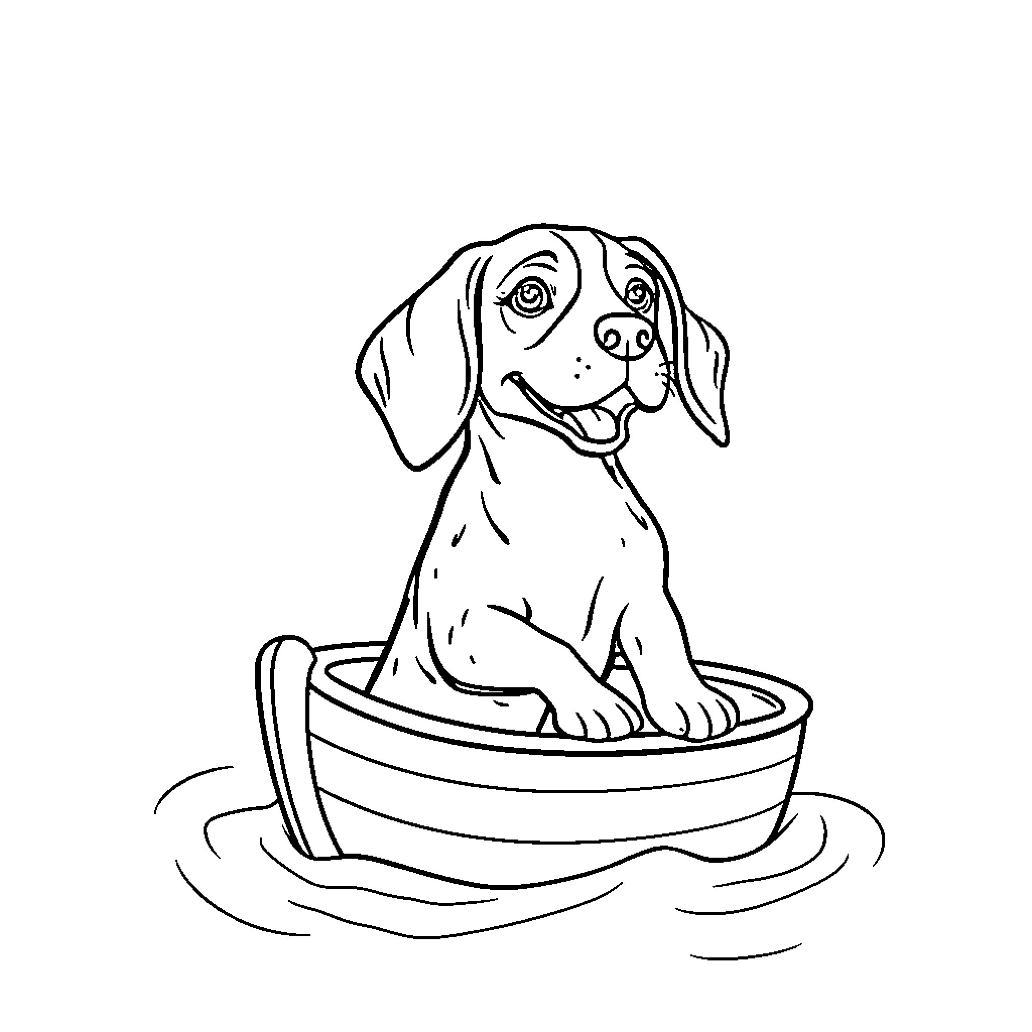 Beagle relaxing in a bathtub Coloring Page (free black-and-white line drawing printable PDF for all, from beginners to advanced learners, including children, teens, adults, and seniors)