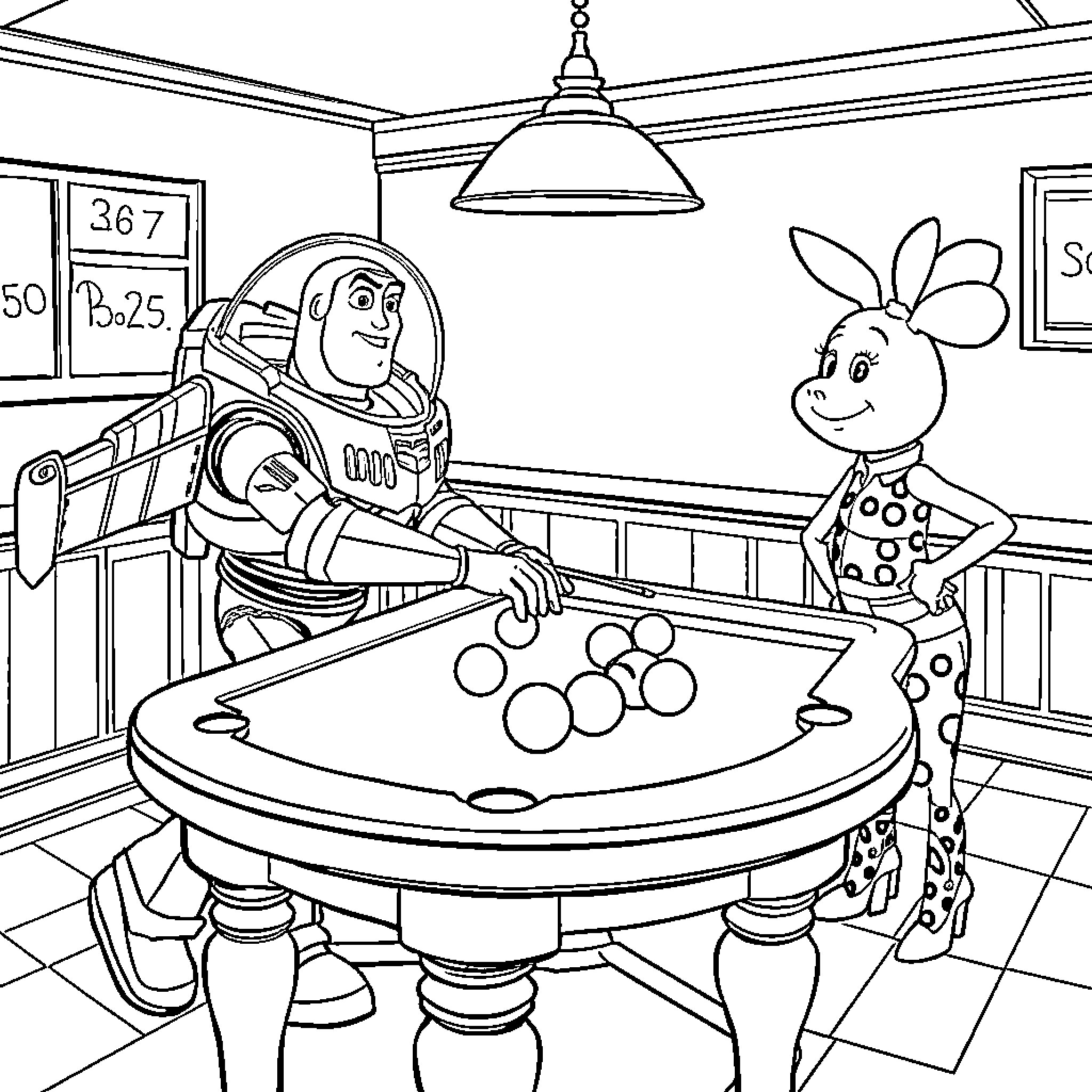 Buzz Lightyear playing pool with Rabbit in a room Coloring Page (free black-and-white line drawing printable PDF for all, from beginners to advanced learners, including children, teens, adults, and seniors)
