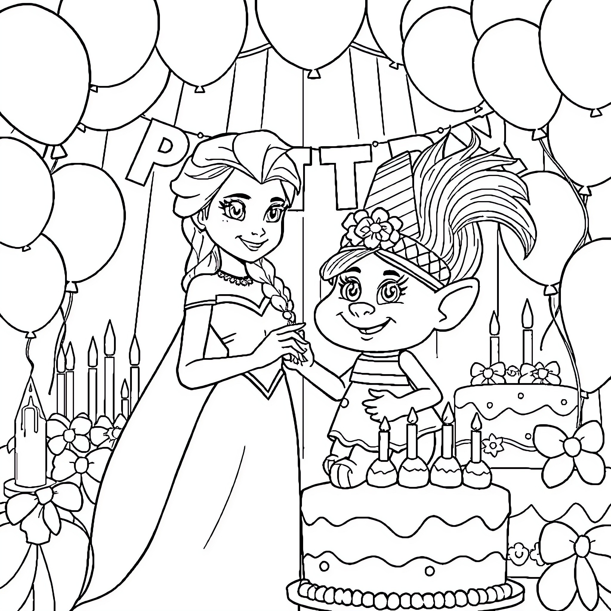 Elsa and Poppy Celebrate a Birthday Party Coloring Page (free black-and-white line drawing printable PDF for all, from beginners to advanced learners, including children, teens, adults, and seniors)
