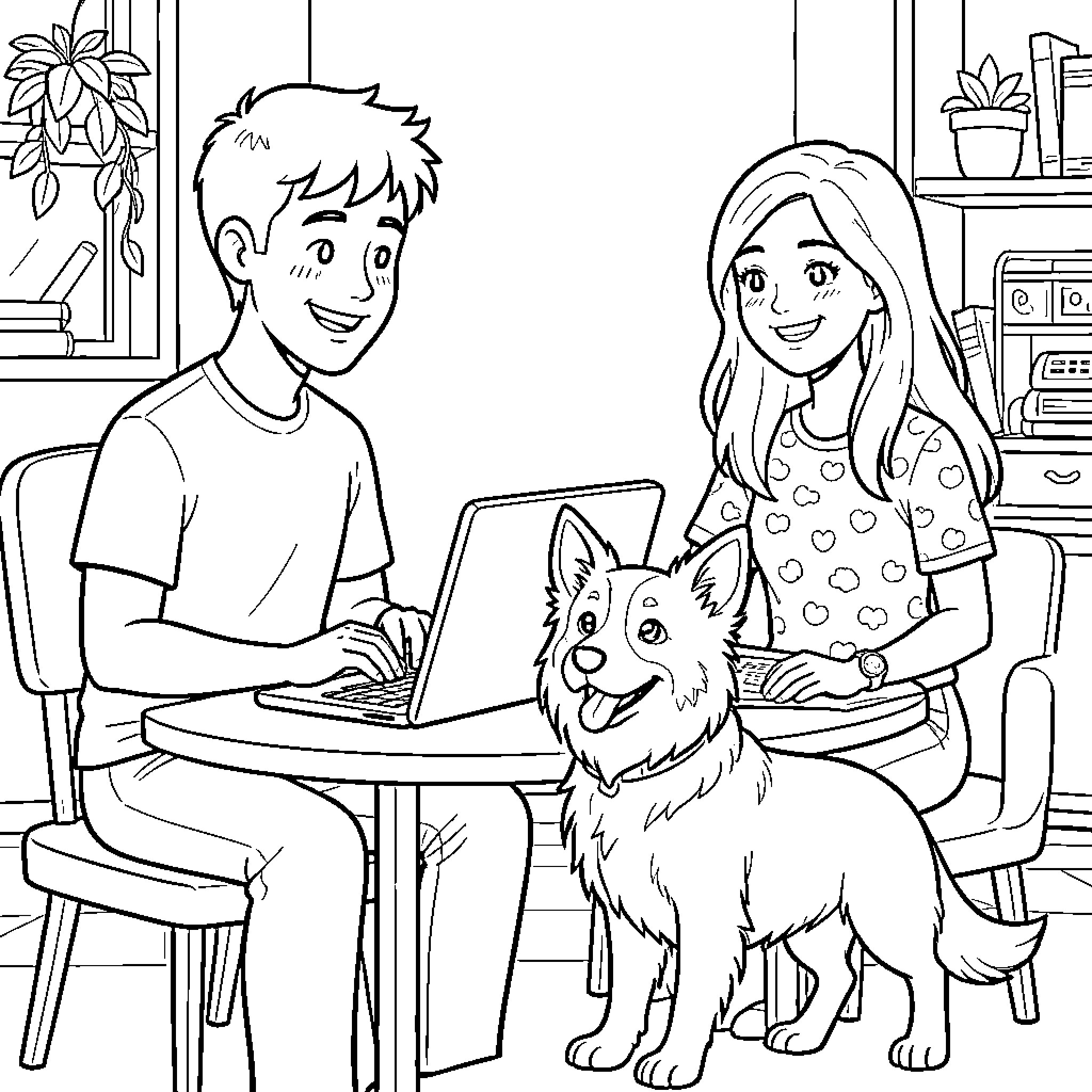 Family Relaxing at Home with Furry Friend Coloring Page (free black-and-white line drawing printable PDF for all, from beginners to advanced learners, including children, teens, adults, and seniors)