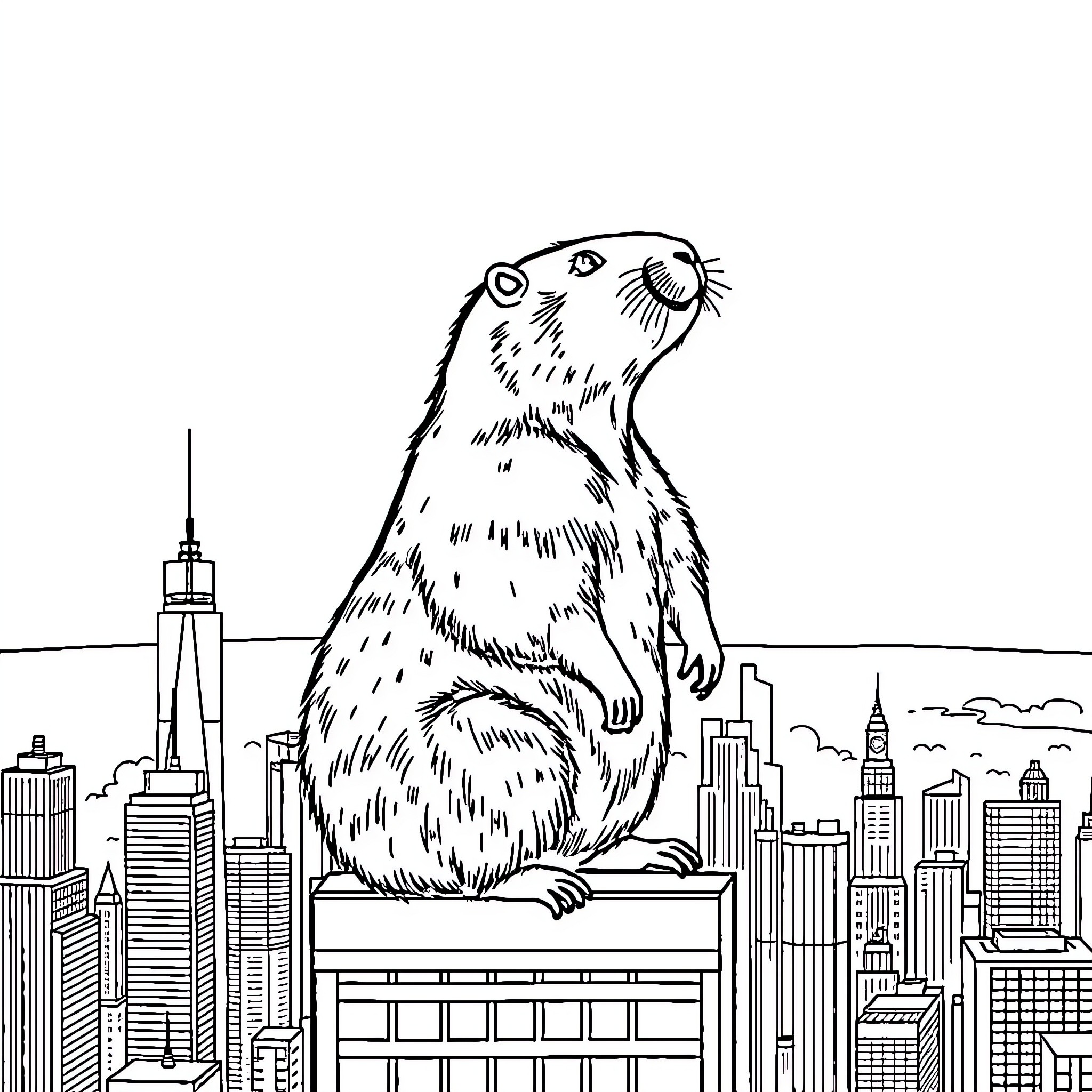 Capybara exploring the bustling city skyline Coloring Page (free black-and-white line drawing printable PDF for all, from beginners to advanced learners, including children, teens, adults, and seniors)