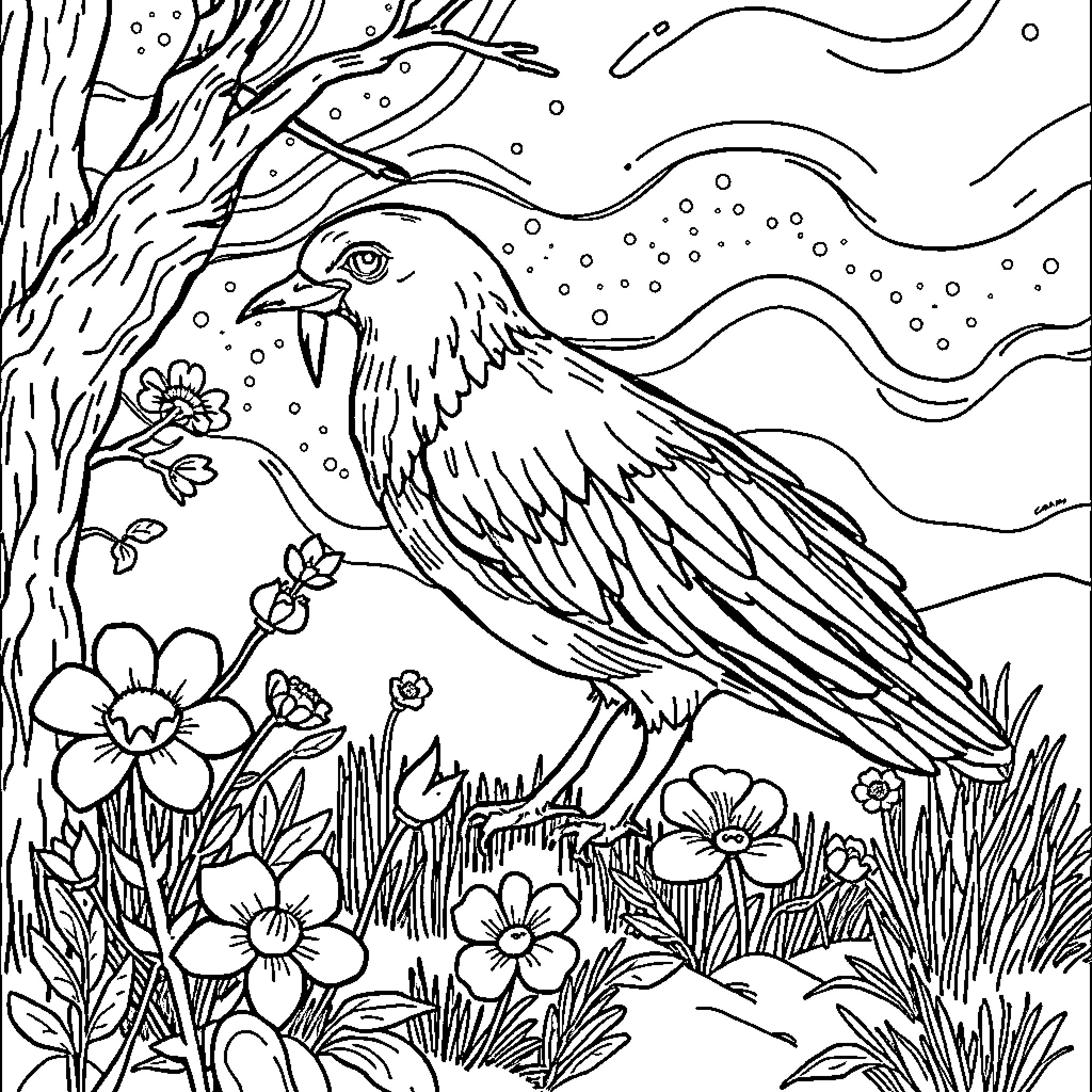 Dragon perched on branch among flowers Coloring Page (free black-and-white line drawing printable PDF for all, from beginners to advanced learners, including children, teens, adults, and seniors)