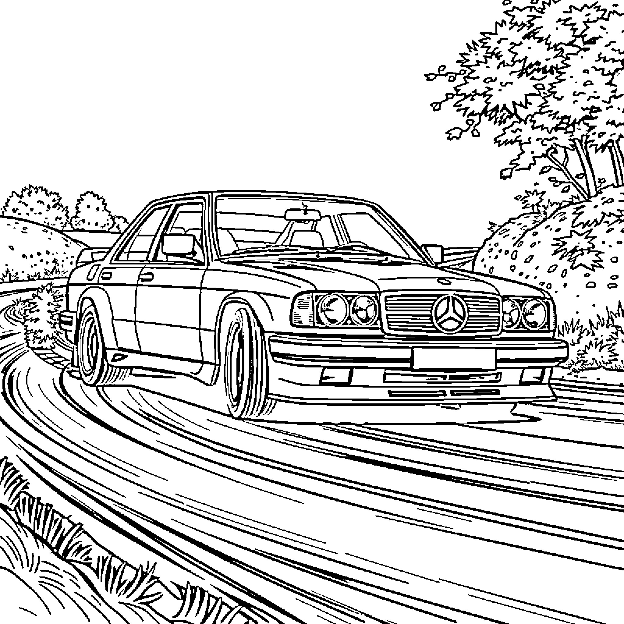 Mercedes 190e speeding through the countryside Coloring Page (free black-and-white line drawing printable PDF for all, from beginners to advanced learners, including children, teens, adults, and seniors)