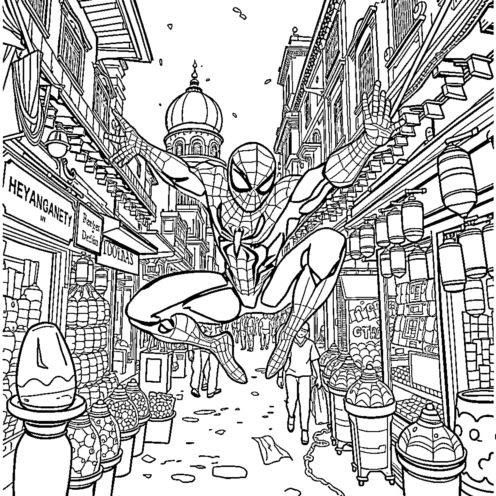 Spiderman swinging through a bustling city street Coloring Page (free black-and-white line drawing printable PDF for all, from beginners to advanced learners, including children, teens, adults, and seniors)