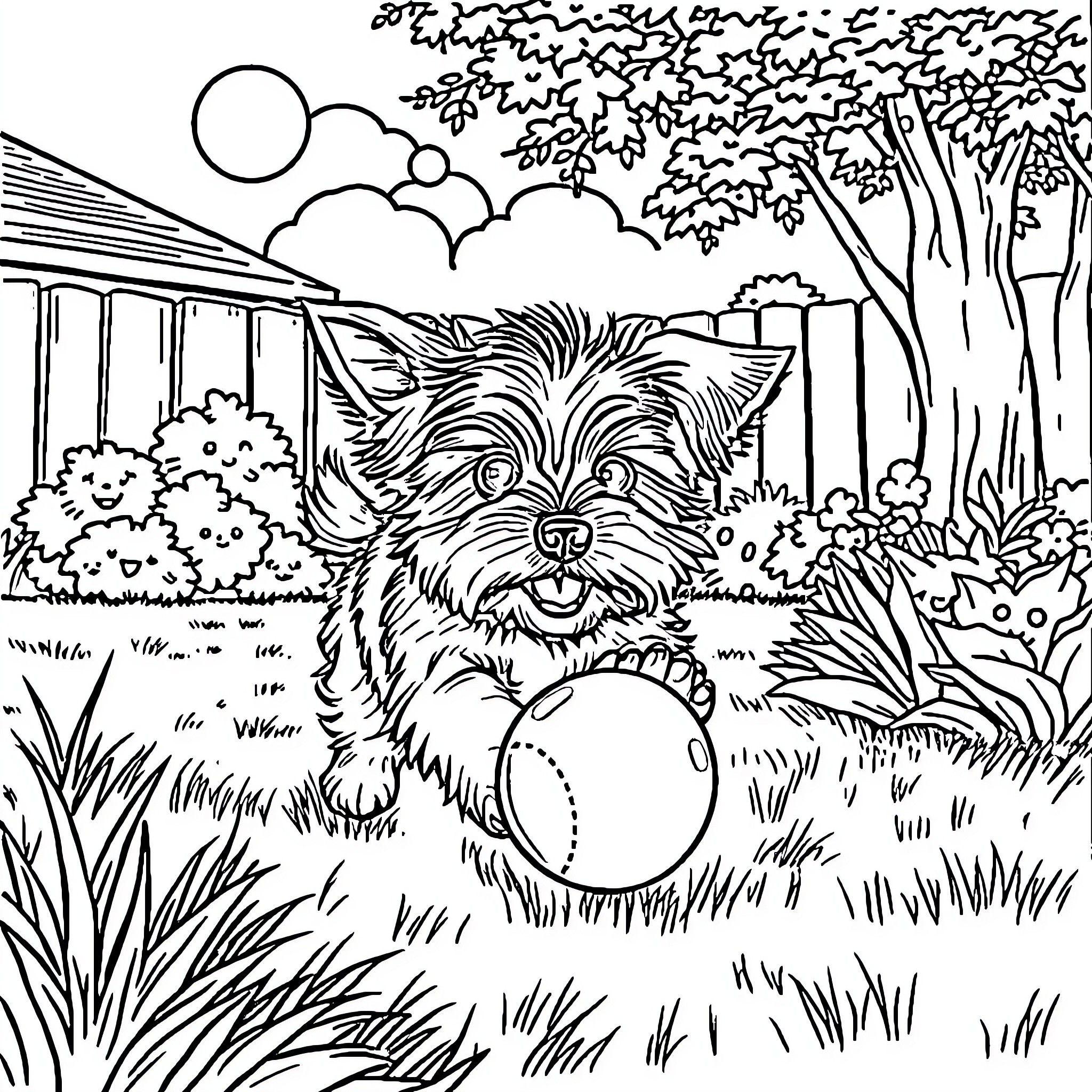 Yorkie playing joyfully with ball in the park Coloring Page (free black-and-white line drawing printable PDF for all, from beginners to advanced learners, including children, teens, adults, and seniors)