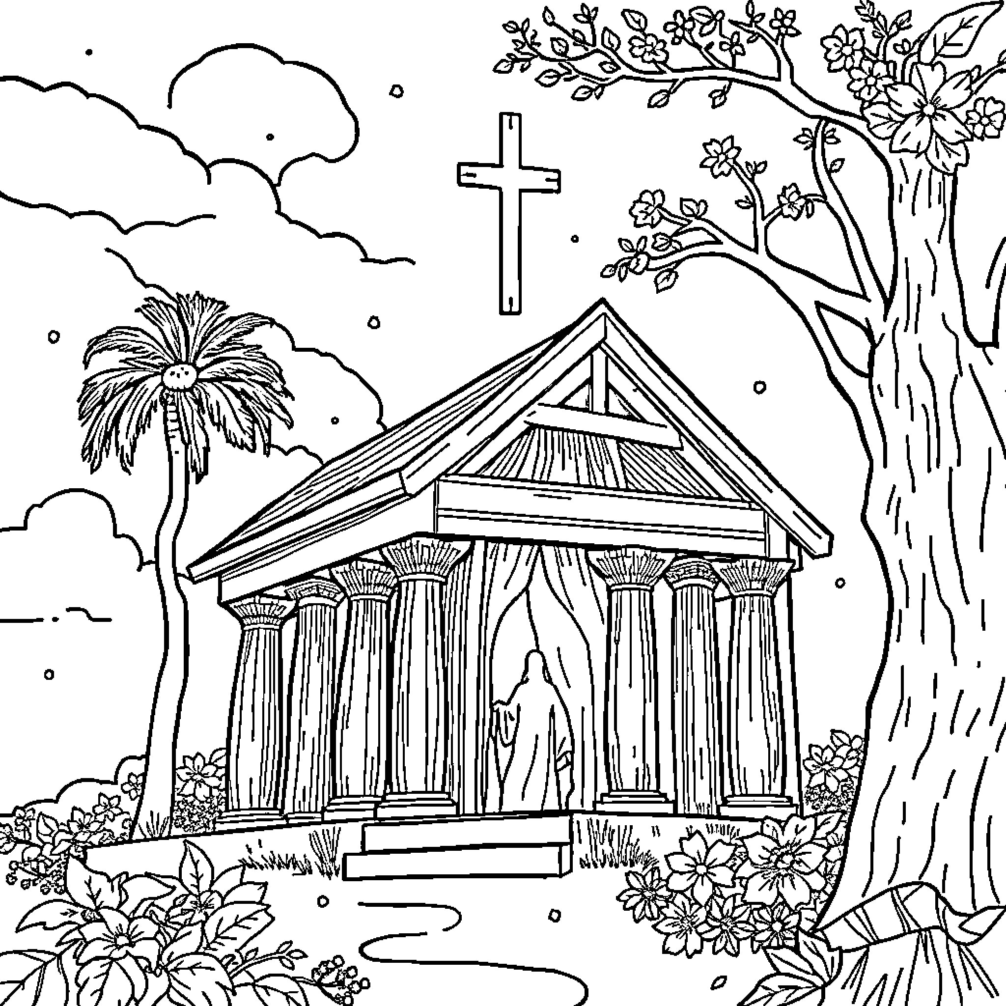 Bible scene with church, cross, and nature Coloring Page (free black-and-white line drawing printable PDF for all, from beginners to advanced learners, including children, teens, adults, and seniors)