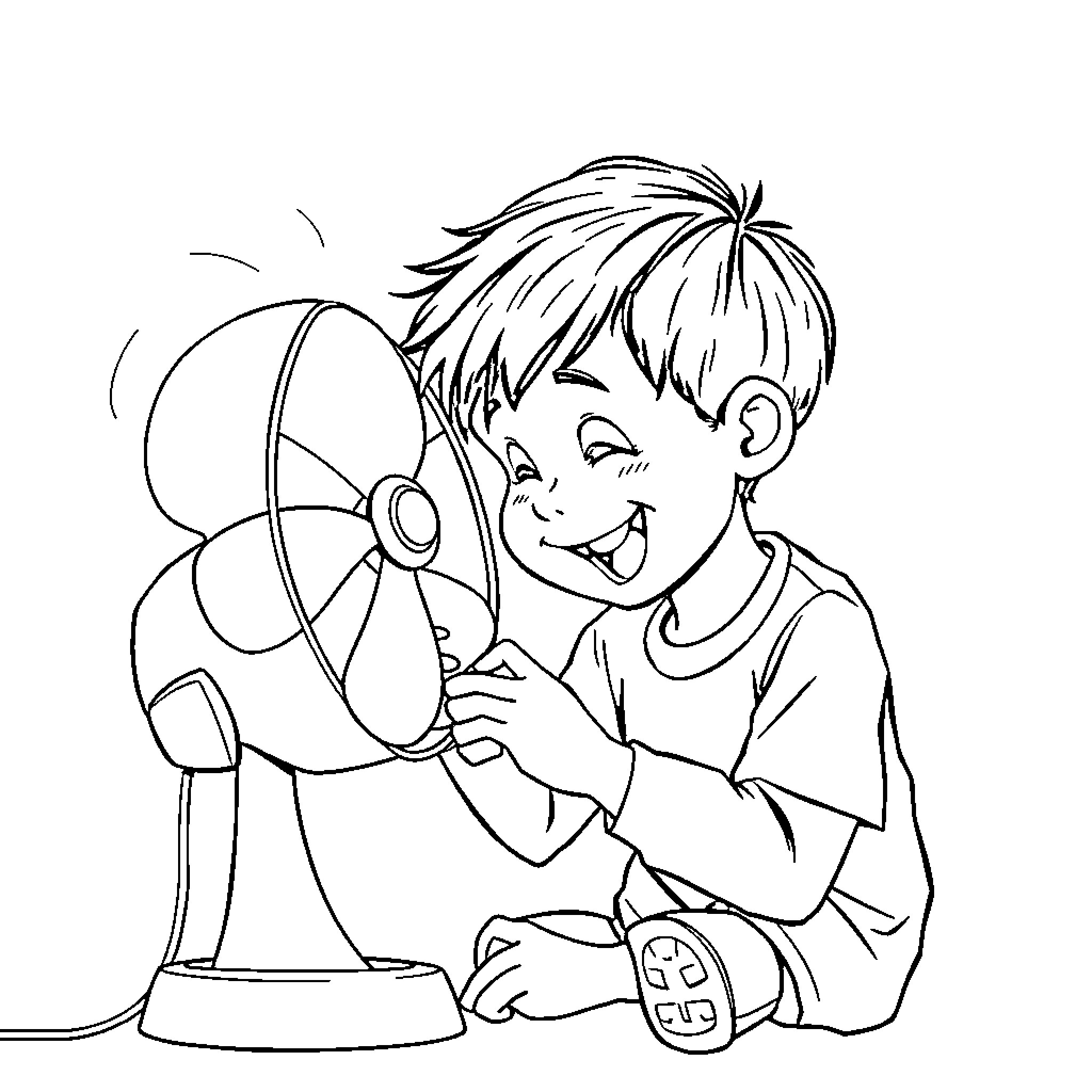 Boy enjoying cool breeze from portable fan Coloring Page (free black-and-white line drawing printable PDF for all, from beginners to advanced learners, including children, teens, adults, and seniors)