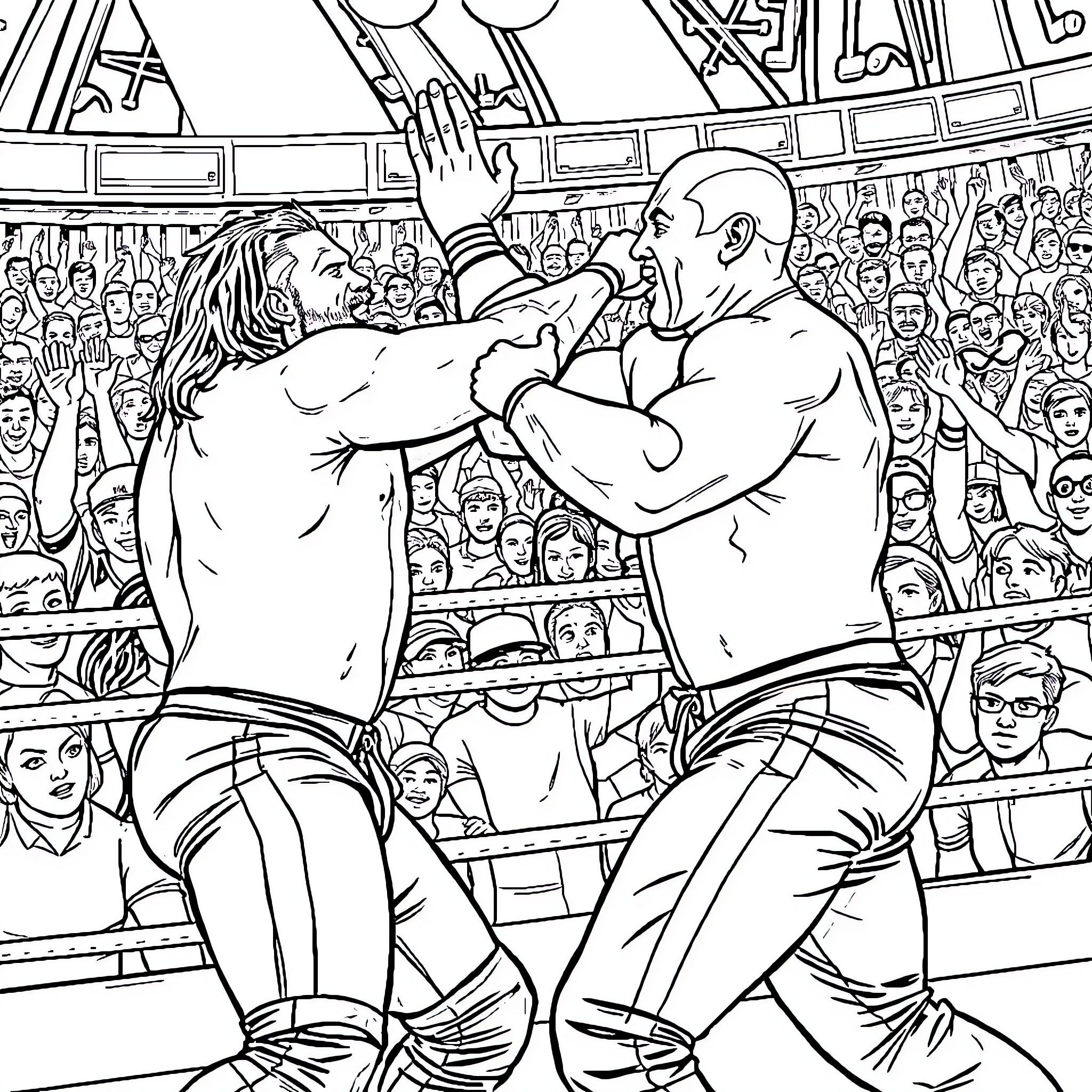 Jimmy Uso's intense wrestling match in the arena Coloring Page (free black-and-white line drawing printable PDF for all, from beginners to advanced learners, including children, teens, adults, and seniors)