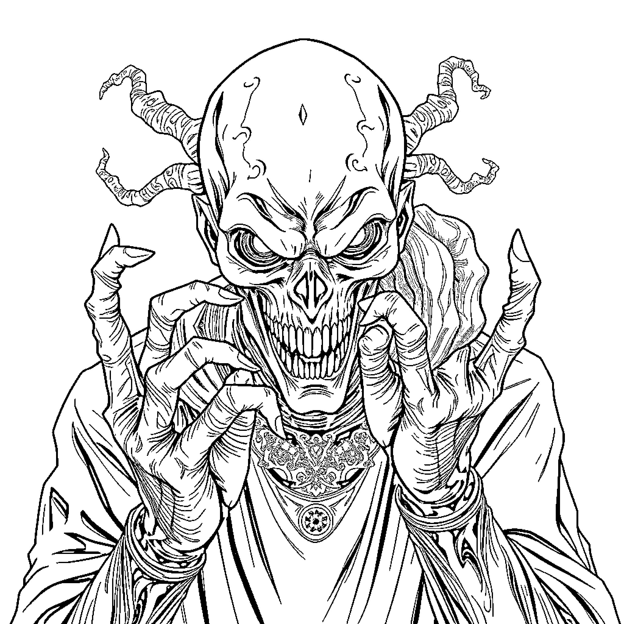 Vecna, the demonic entity with a malevolent gaze Coloring Page (free black-and-white line drawing printable PDF for all, from beginners to advanced learners, including children, teens, adults, and seniors)