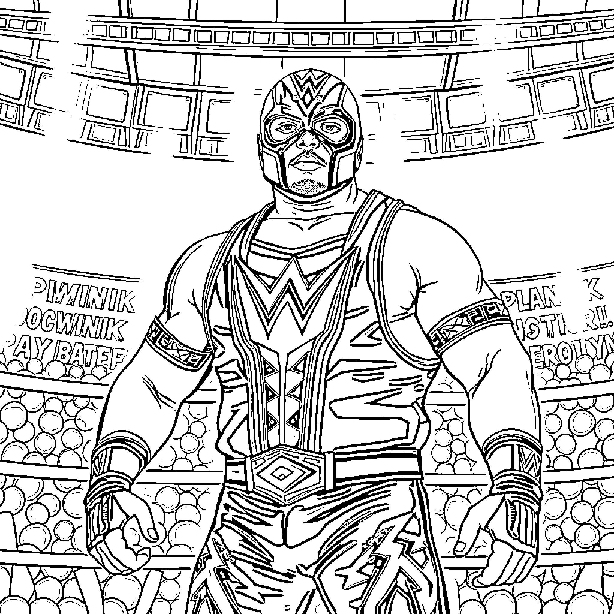 Dominick Misterio in wrestling arena Coloring Page (free black-and-white line drawing printable PDF for all, from beginners to advanced learners, including children, teens, adults, and seniors)