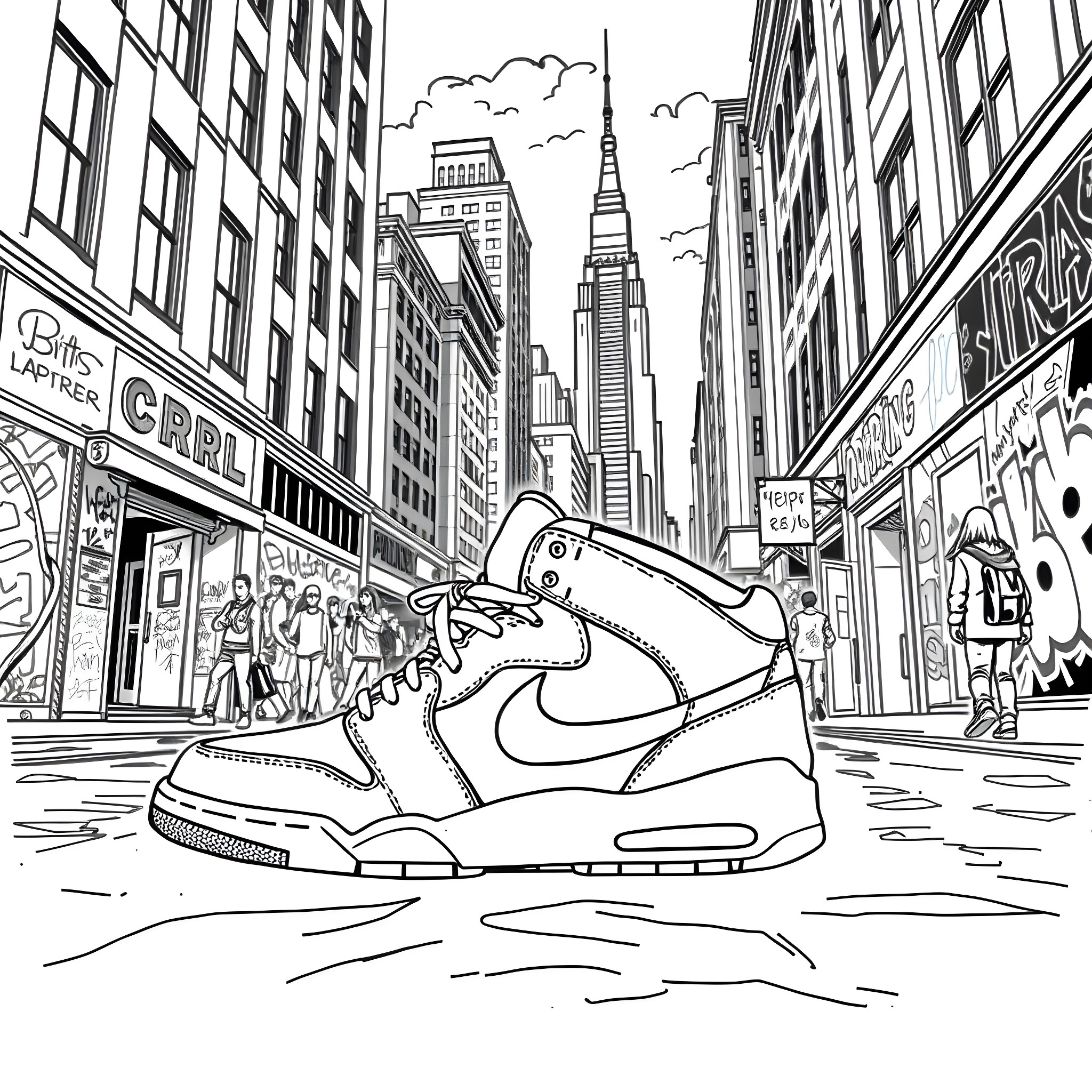 Jordan showcasing stylish sneakers in bustling city Coloring Page (free black-and-white line drawing printable PDF for all, from beginners to advanced learners, including children, teens, adults, and seniors)
