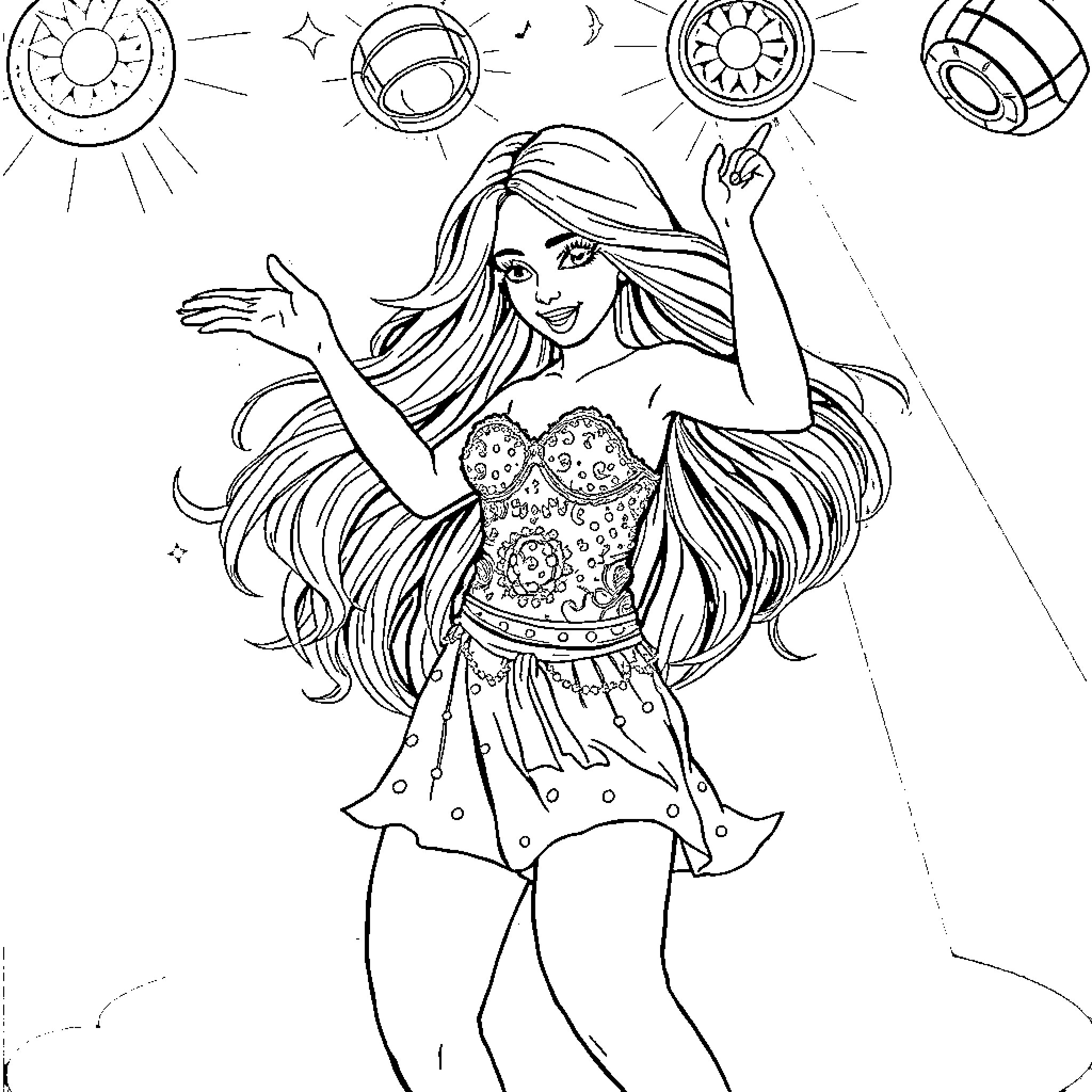 Samantha's Magical Celebration with Cosmic Symbols Coloring Page (free black-and-white line drawing printable PDF for all, from beginners to advanced learners, including children, teens, adults, and seniors)