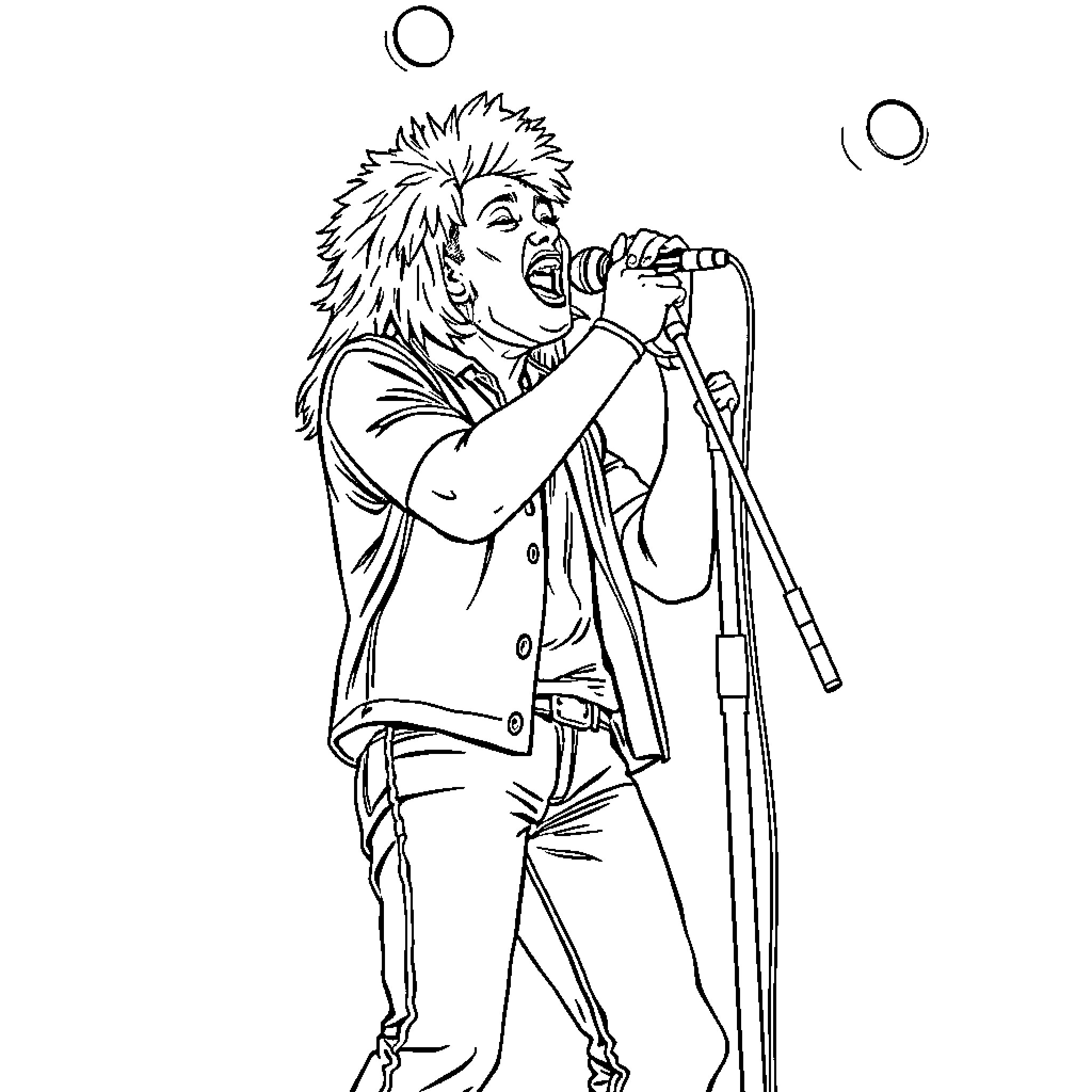 Huntrix Musician Performing on Stage Coloring Page (free black-and-white line drawing printable PDF for all, from beginners to advanced learners, including children, teens, adults, and seniors)