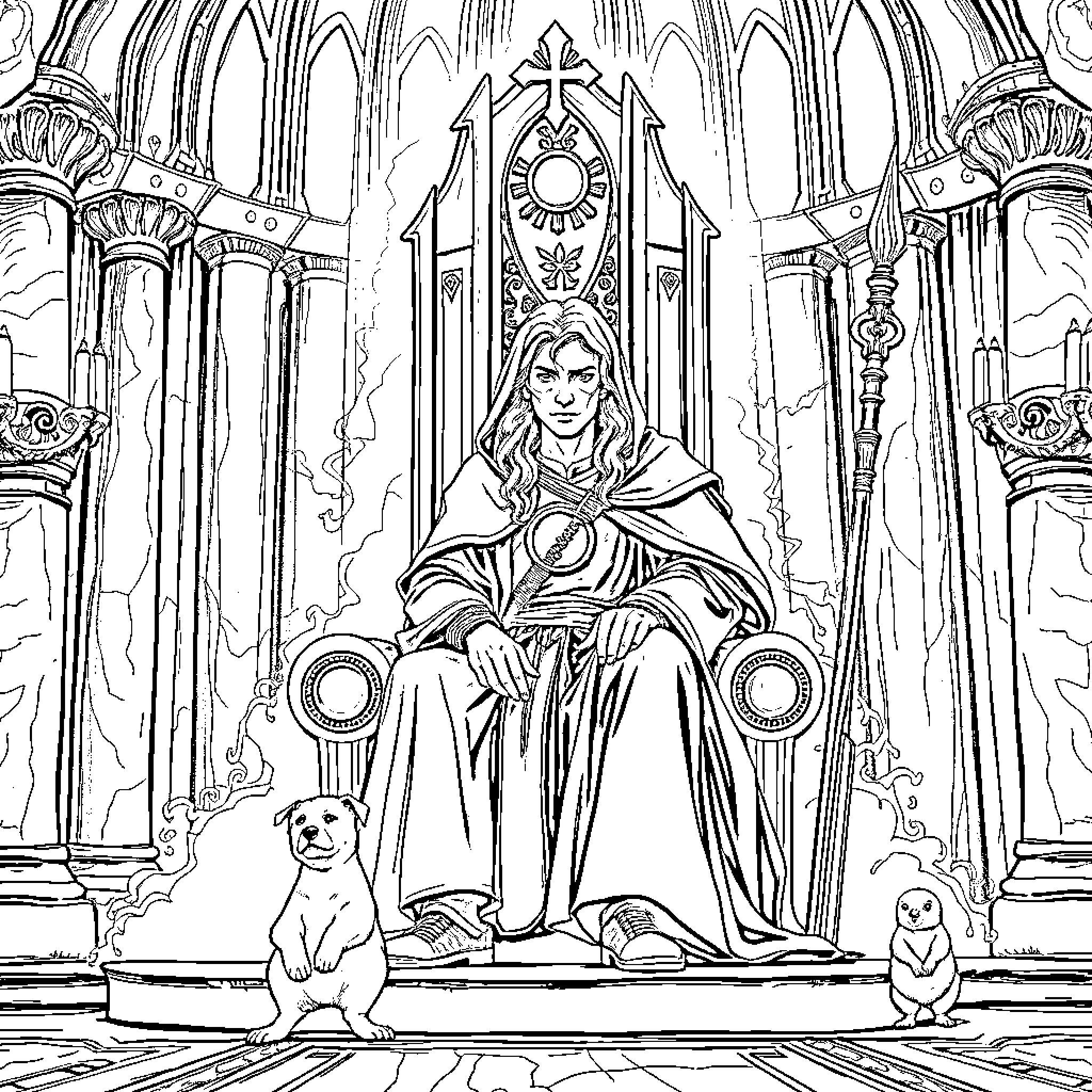 Aragorn's Regal Throne in a Majestic Cathedral Coloring Page (free black-and-white line drawing printable PDF for all, from beginners to advanced learners, including children, teens, adults, and seniors)