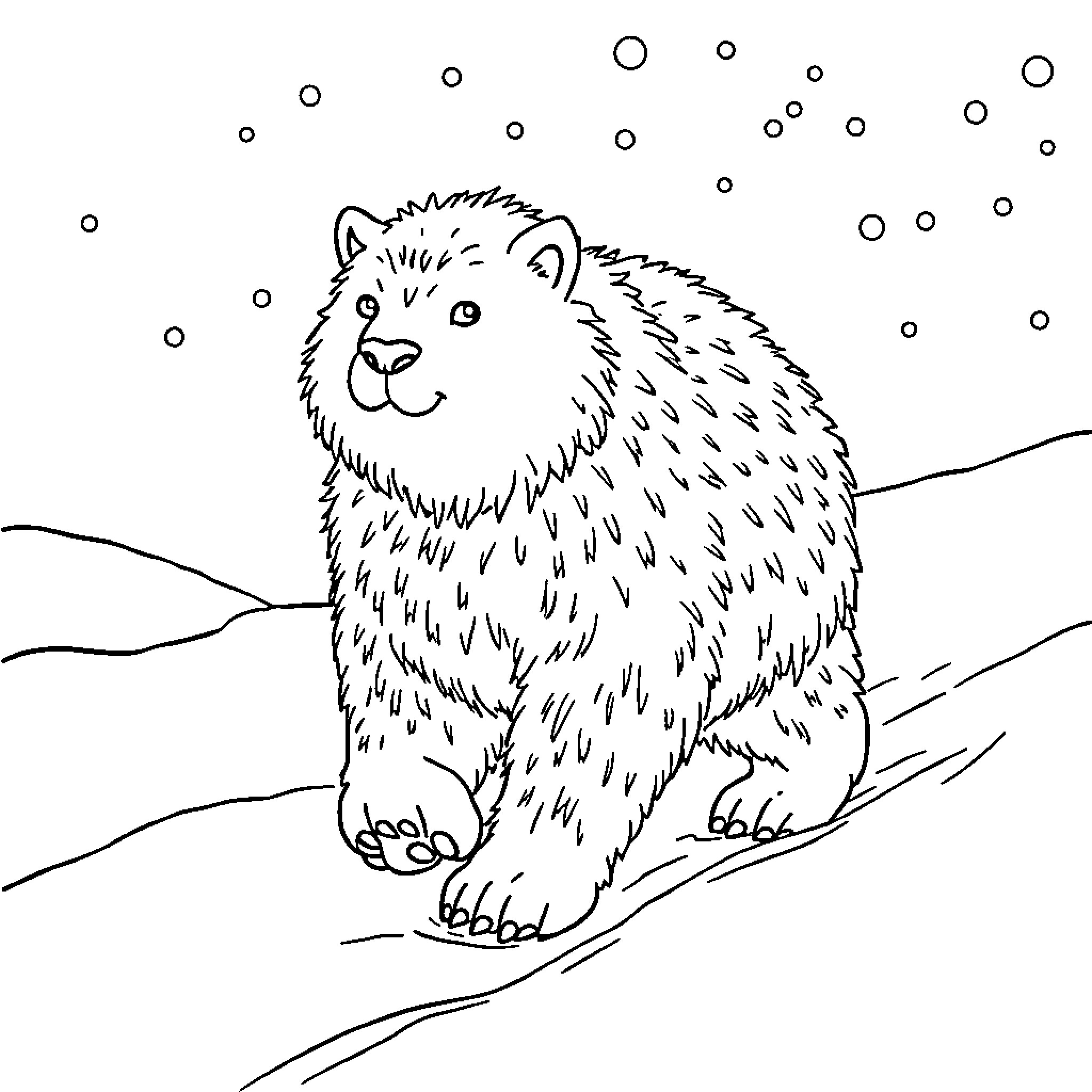 Polar Bear Playing in the Snowy Landscape Coloring Page (free black-and-white line drawing printable PDF for all, from beginners to advanced learners, including children, teens, adults, and seniors)