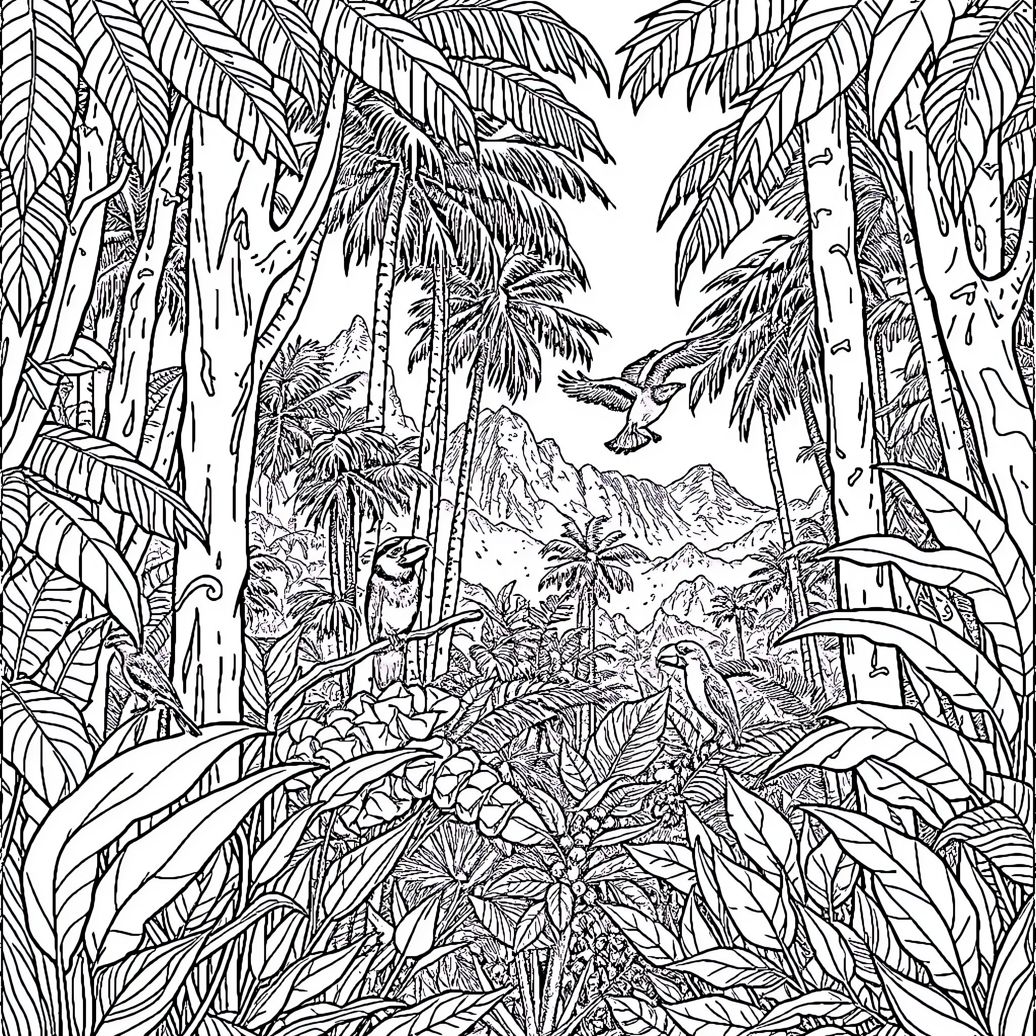 Rainforest wilderness with lush vegetation and wildlife Coloring Page (free black-and-white line drawing printable PDF for all, from beginners to advanced learners, including children, teens, adults, and seniors)