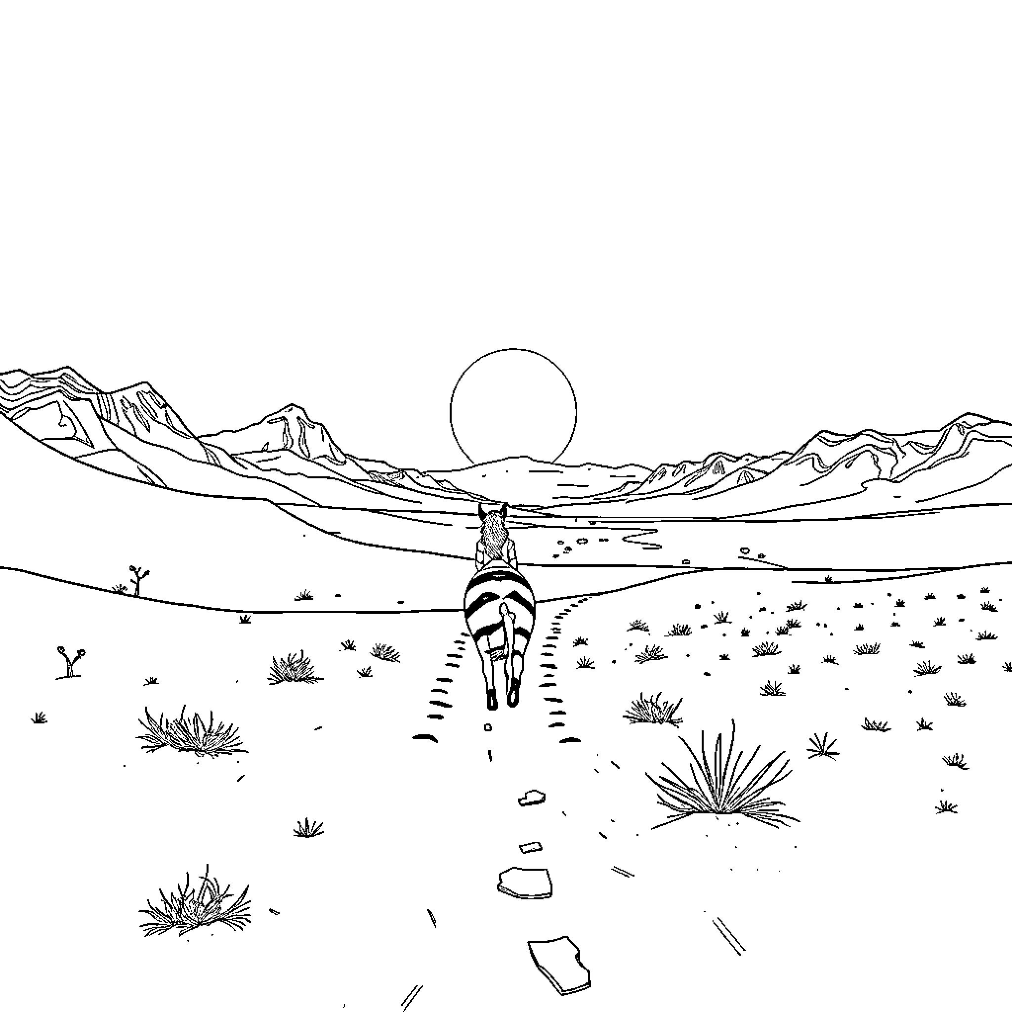 Donkey hiking through the desert landscape Coloring Page (free black-and-white line drawing printable PDF for all, from beginners to advanced learners, including children, teens, adults, and seniors)