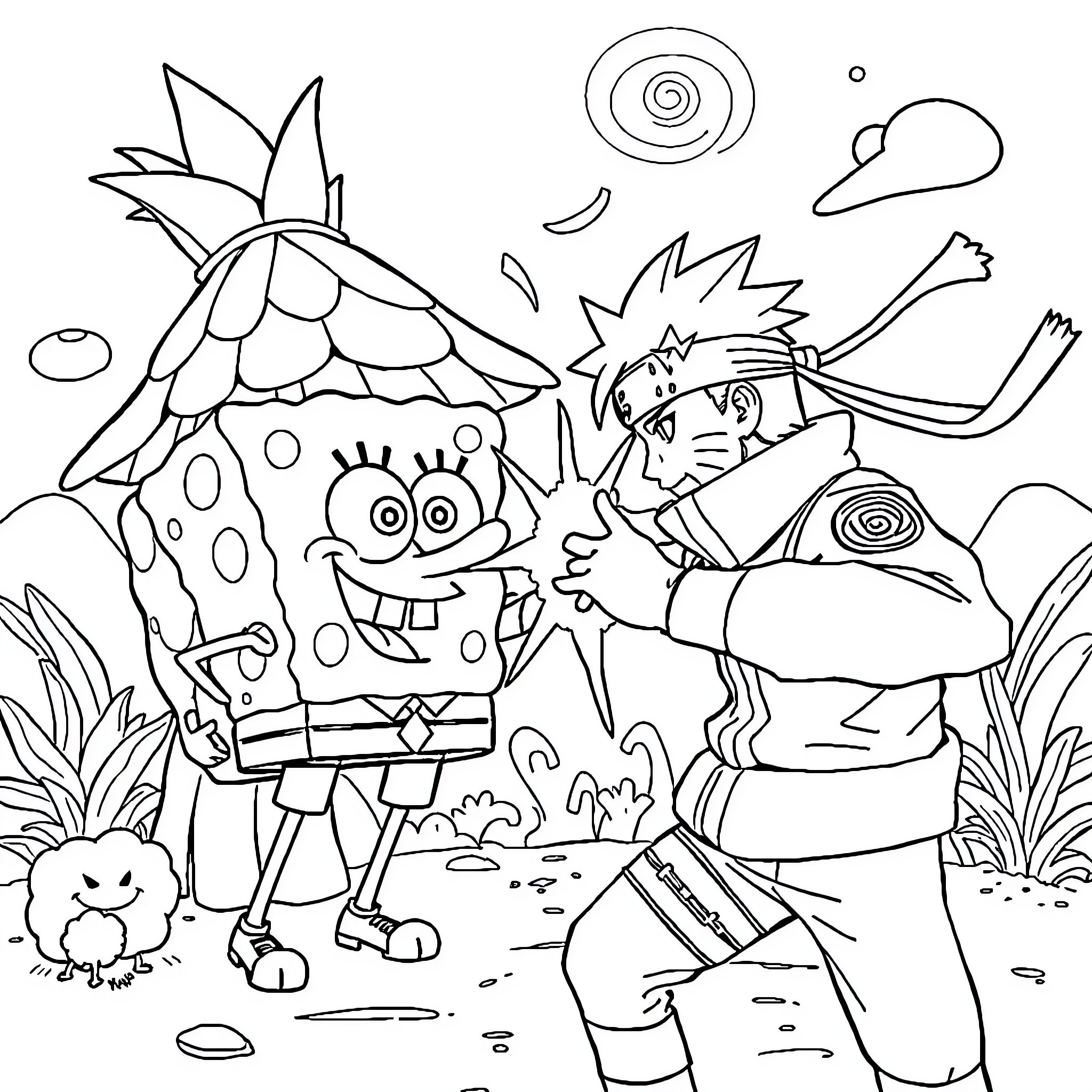 Spongebob and Naruto exploring the outdoors Coloring Page (free black-and-white line drawing printable PDF for all, from beginners to advanced learners, including children, teens, adults, and seniors)