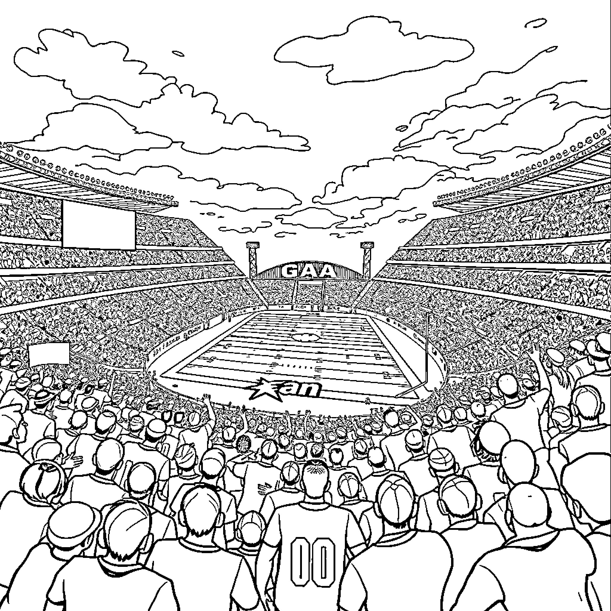 Stadium filled with spectators at a sporting event Coloring Page (free black-and-white line drawing printable PDF for all, from beginners to advanced learners, including children, teens, adults, and seniors)
