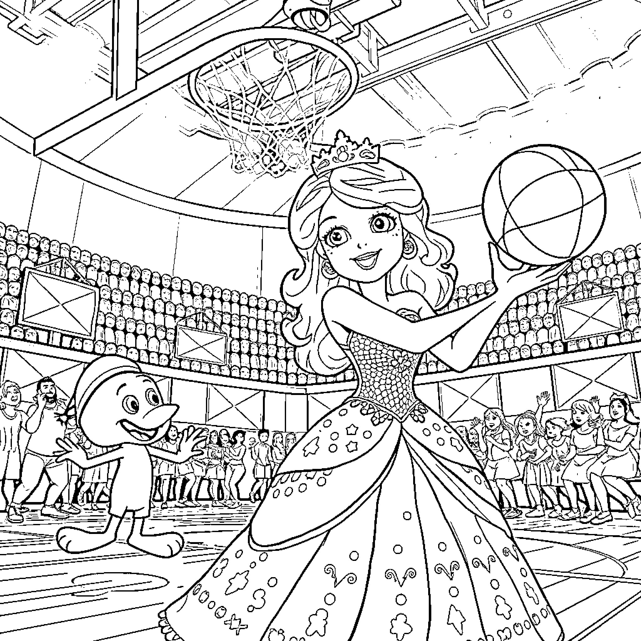 Princess Enjoying a Joyful Basketball Game Coloring Page (free black-and-white line drawing printable PDF for all, from beginners to advanced learners, including children, teens, adults, and seniors)