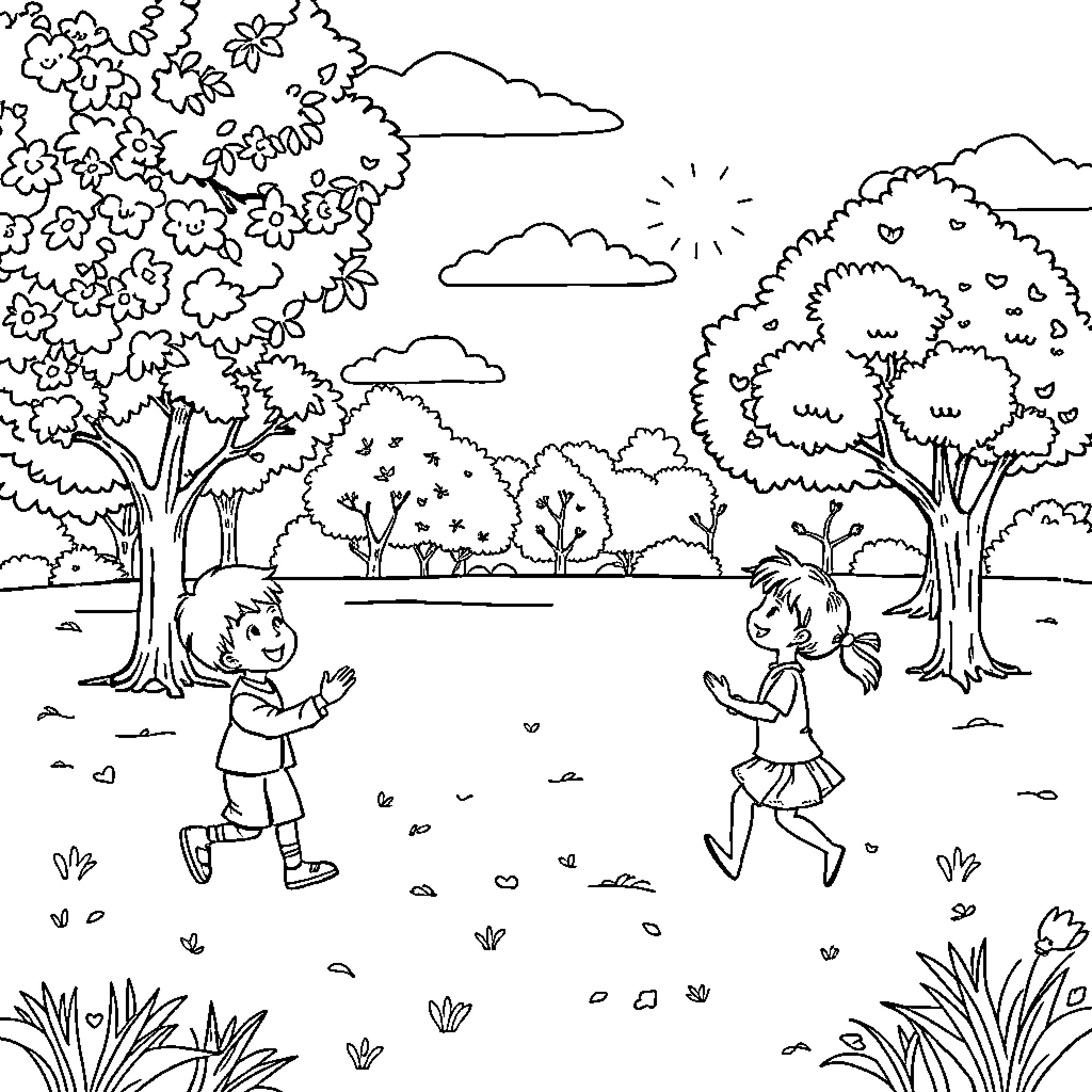 Children playing in a peaceful outdoor scene Coloring Page (free black-and-white line drawing printable PDF for all, from beginners to advanced learners, including children, teens, adults, and seniors)