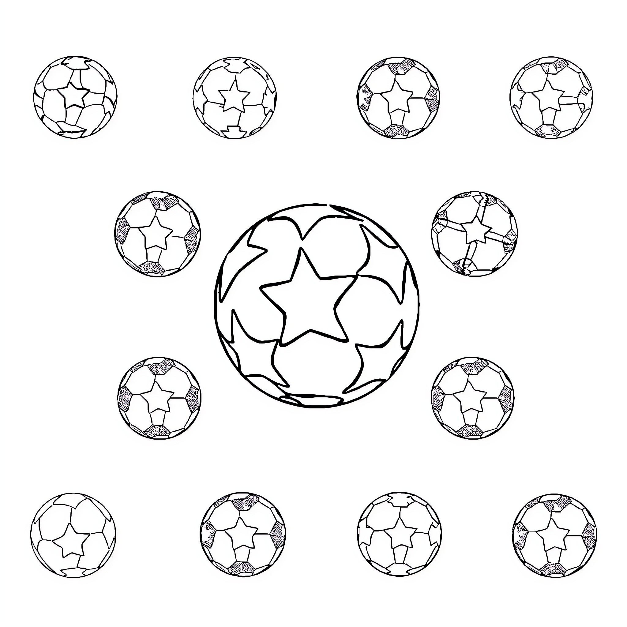 Ball with star patterns in various sizes Coloring Page (free black-and-white line drawing printable PDF for all, from beginners to advanced learners, including children, teens, adults, and seniors)