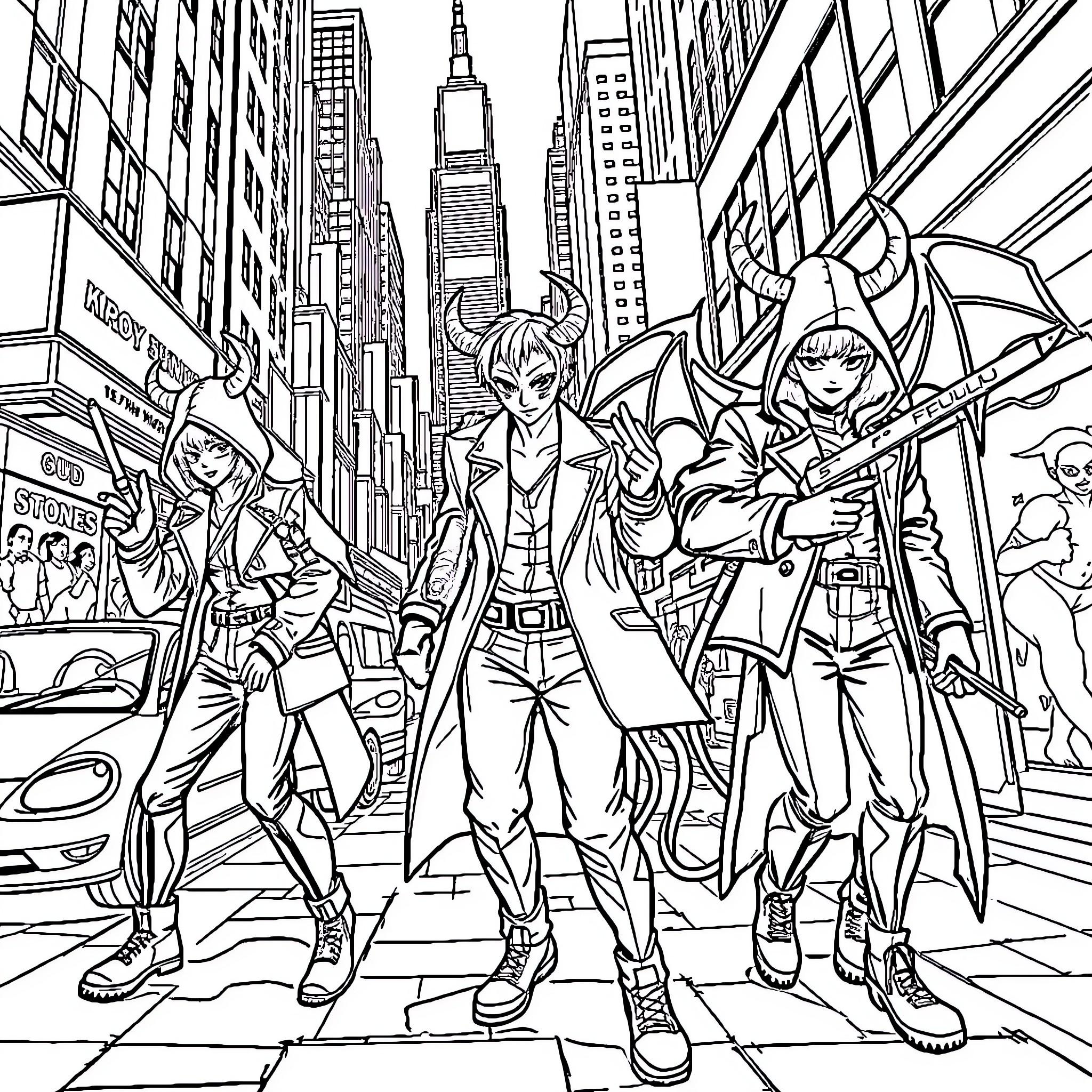 Kpop Demon Hunters Battle in the City Streets Coloring Page (free black-and-white line drawing printable PDF for all, from beginners to advanced learners, including children, teens, adults, and seniors)