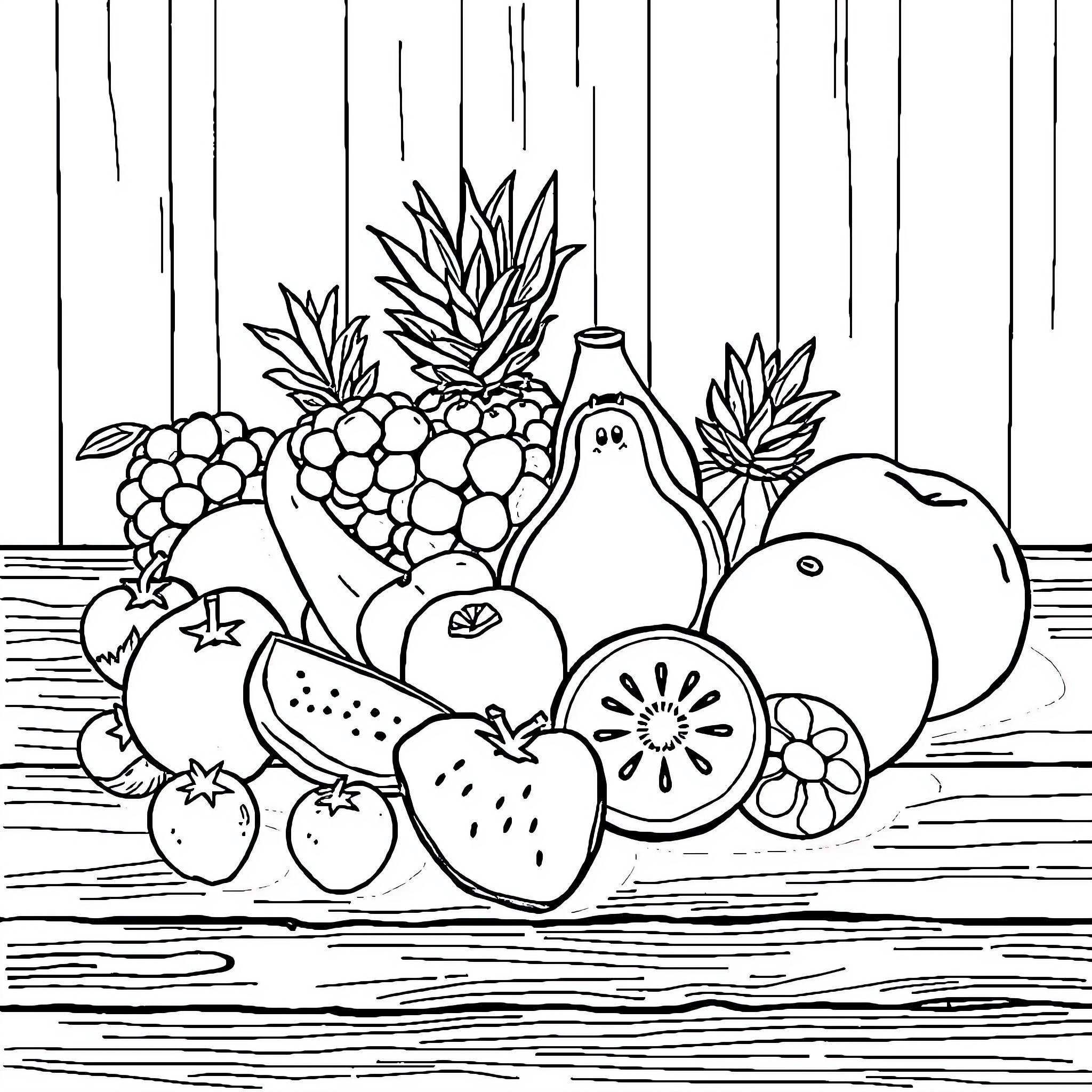 Fruit Basket with Assorted Produce Coloring Page (free black-and-white line drawing printable PDF for all, from beginners to advanced learners, including children, teens, adults, and seniors)
