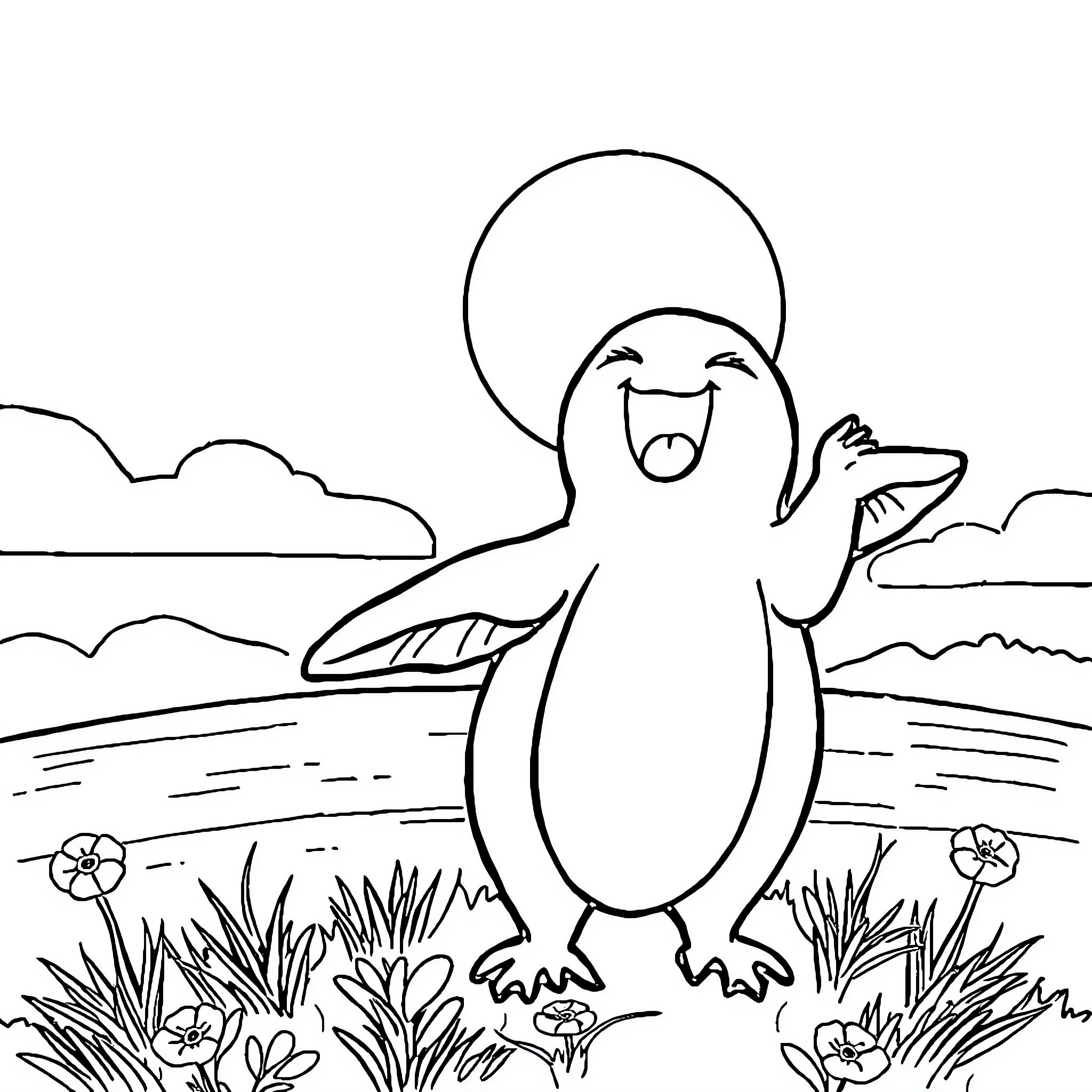 Carrot penguin celebrating joyfully in nature Coloring Page (free black-and-white line drawing printable PDF for all, from beginners to advanced learners, including children, teens, adults, and seniors)
