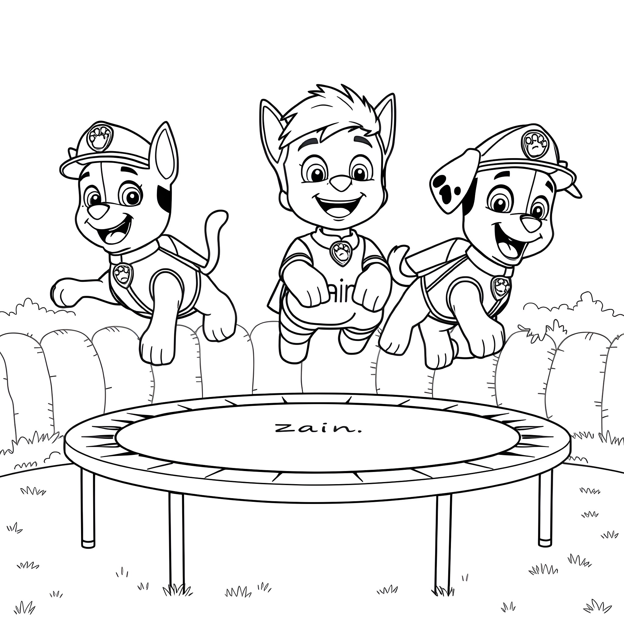 Paw Patrol Pups Jumping on Trampoline Coloring Page (free black-and-white line drawing printable PDF for all, from beginners to advanced learners, including children, teens, adults, and seniors)