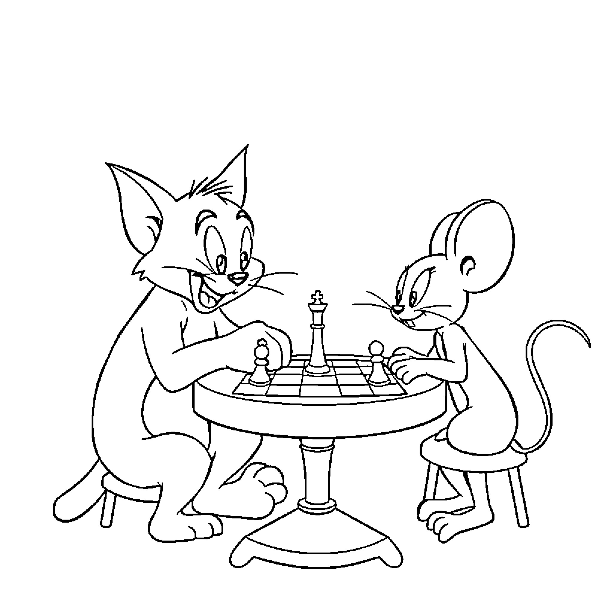 Tom and Jerry Playing Chess Coloring Page (free black-and-white line drawing printable PDF for all, from beginners to advanced learners, including children, teens, adults, and seniors)