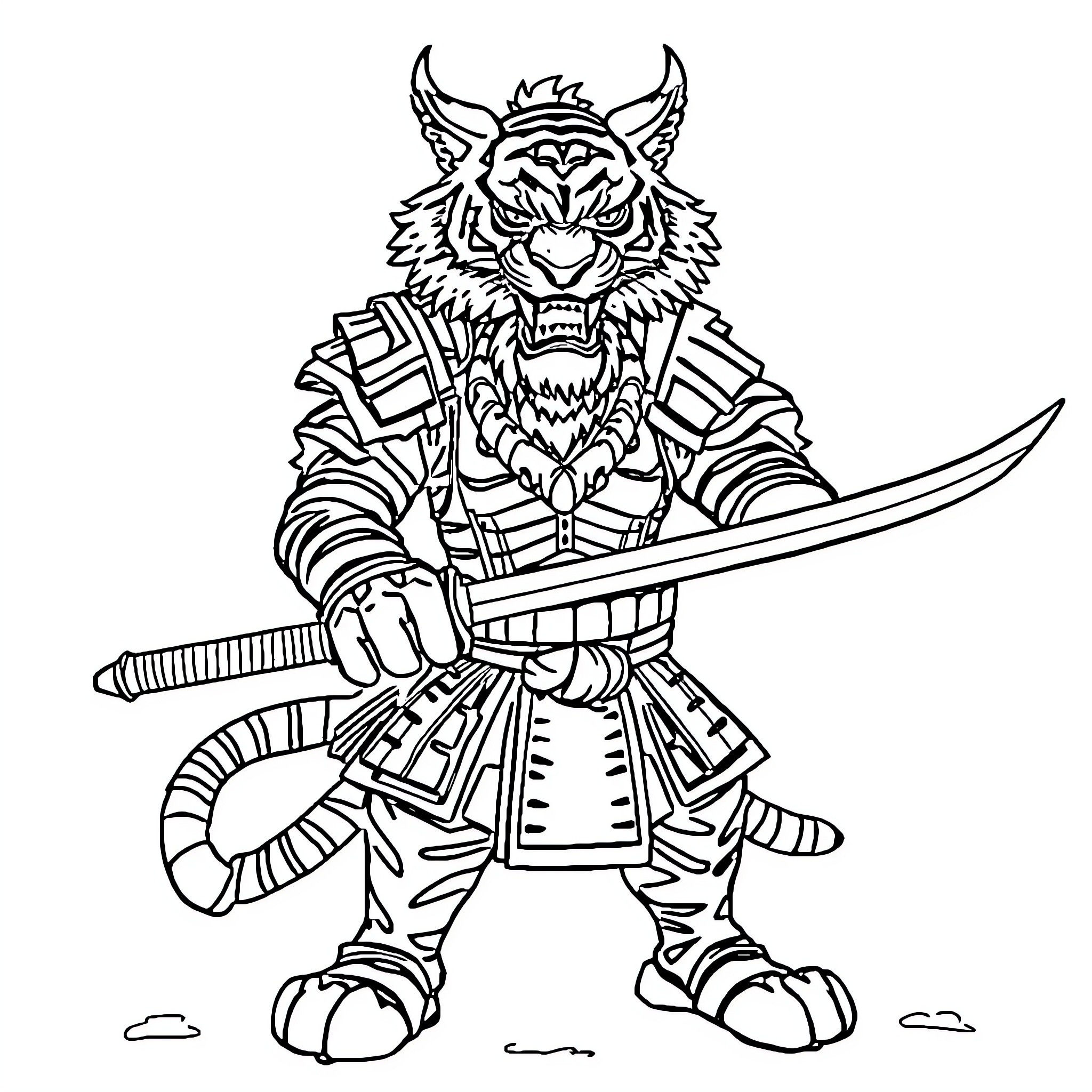 Tiger Warrior Wielding Sword in Fierce Stance Coloring Page (free black-and-white line drawing printable PDF for all, from beginners to advanced learners, including children, teens, adults, and seniors)