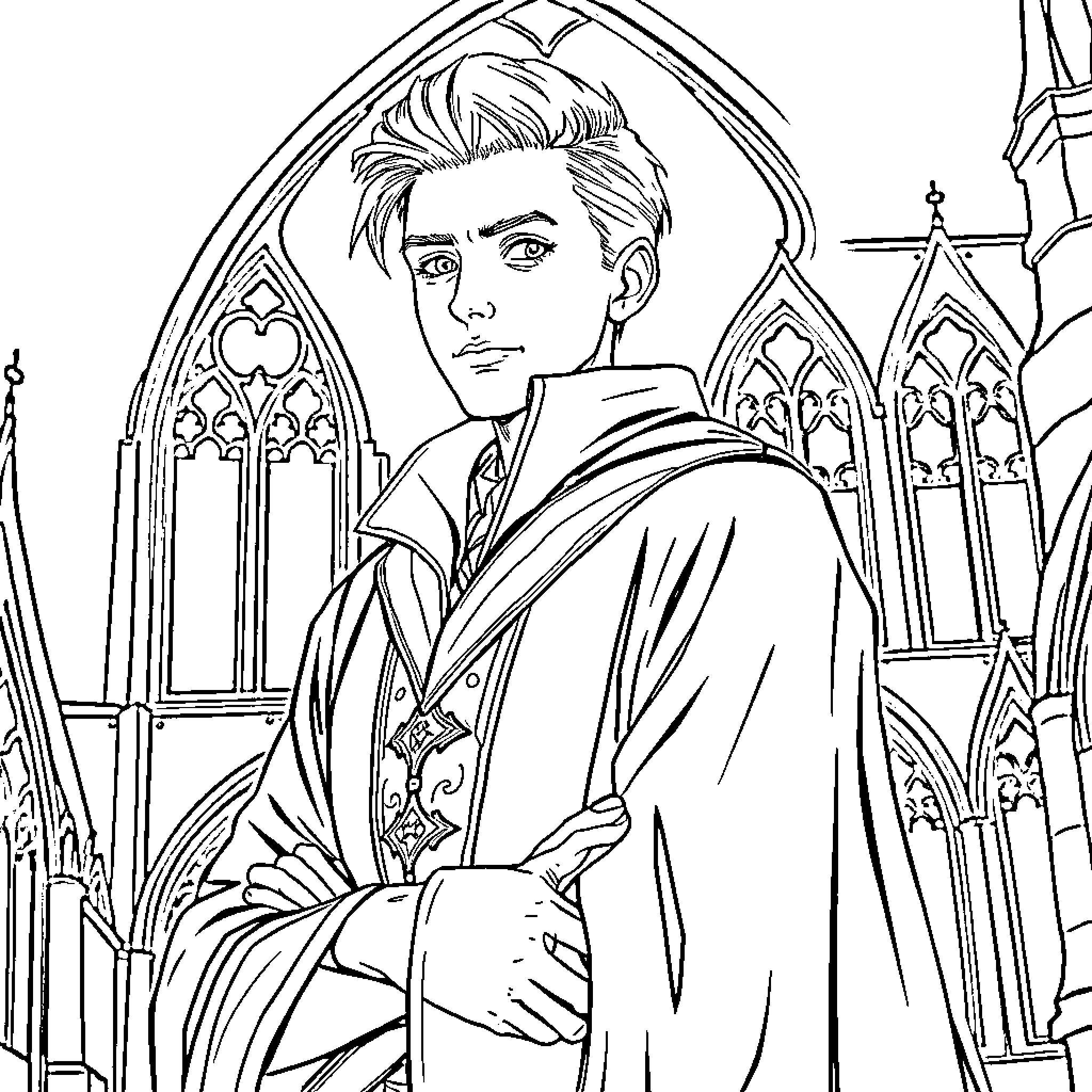 Draco Malfoy standing solemnly in a grand, Gothic setting Coloring Page (free black-and-white line drawing printable PDF for all, from beginners to advanced learners, including children, teens, adults, and seniors)