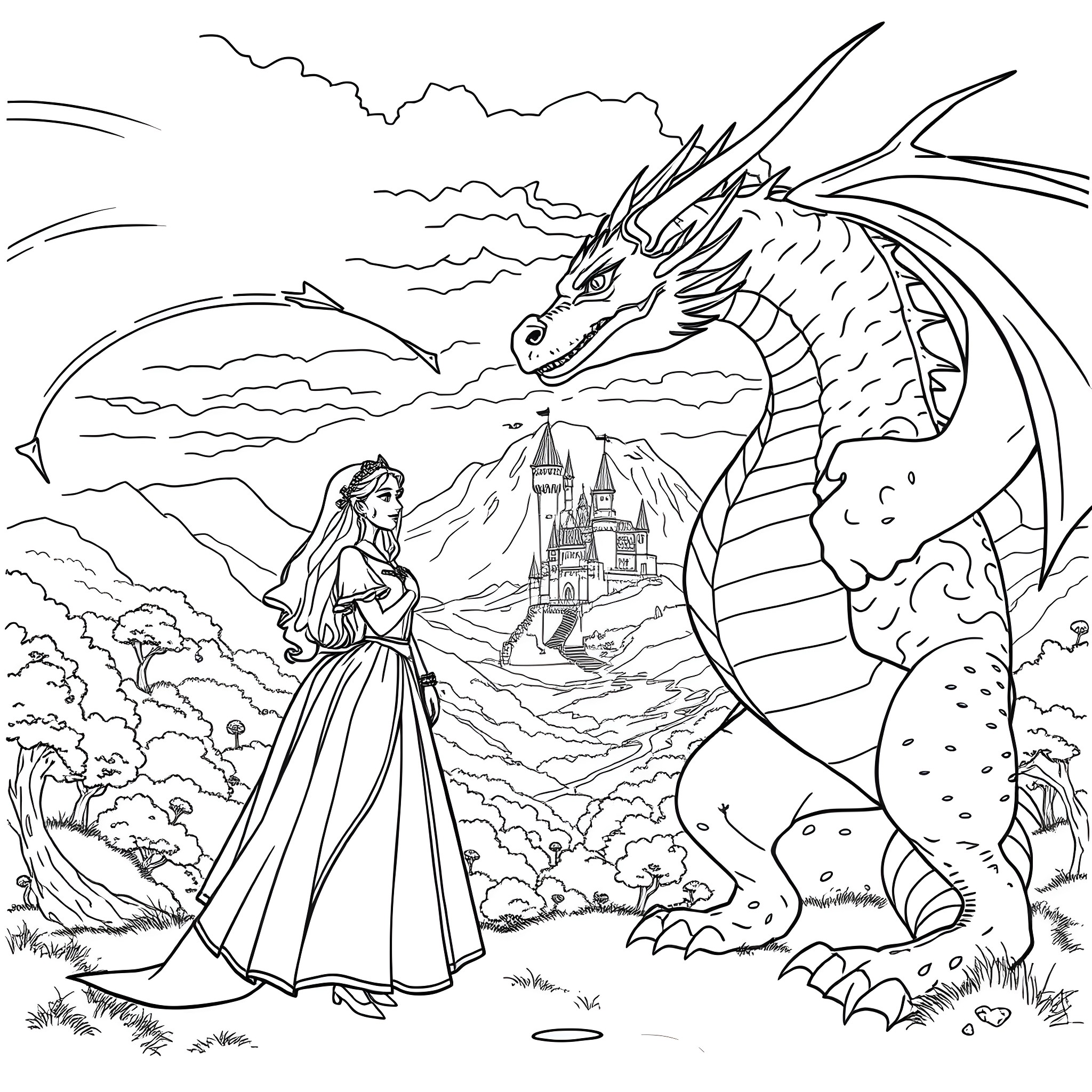 Princess and the Enchanted Dragon Kingdom Coloring Page (free black-and-white line drawing printable PDF for all, from beginners to advanced learners, including children, teens, adults, and seniors)