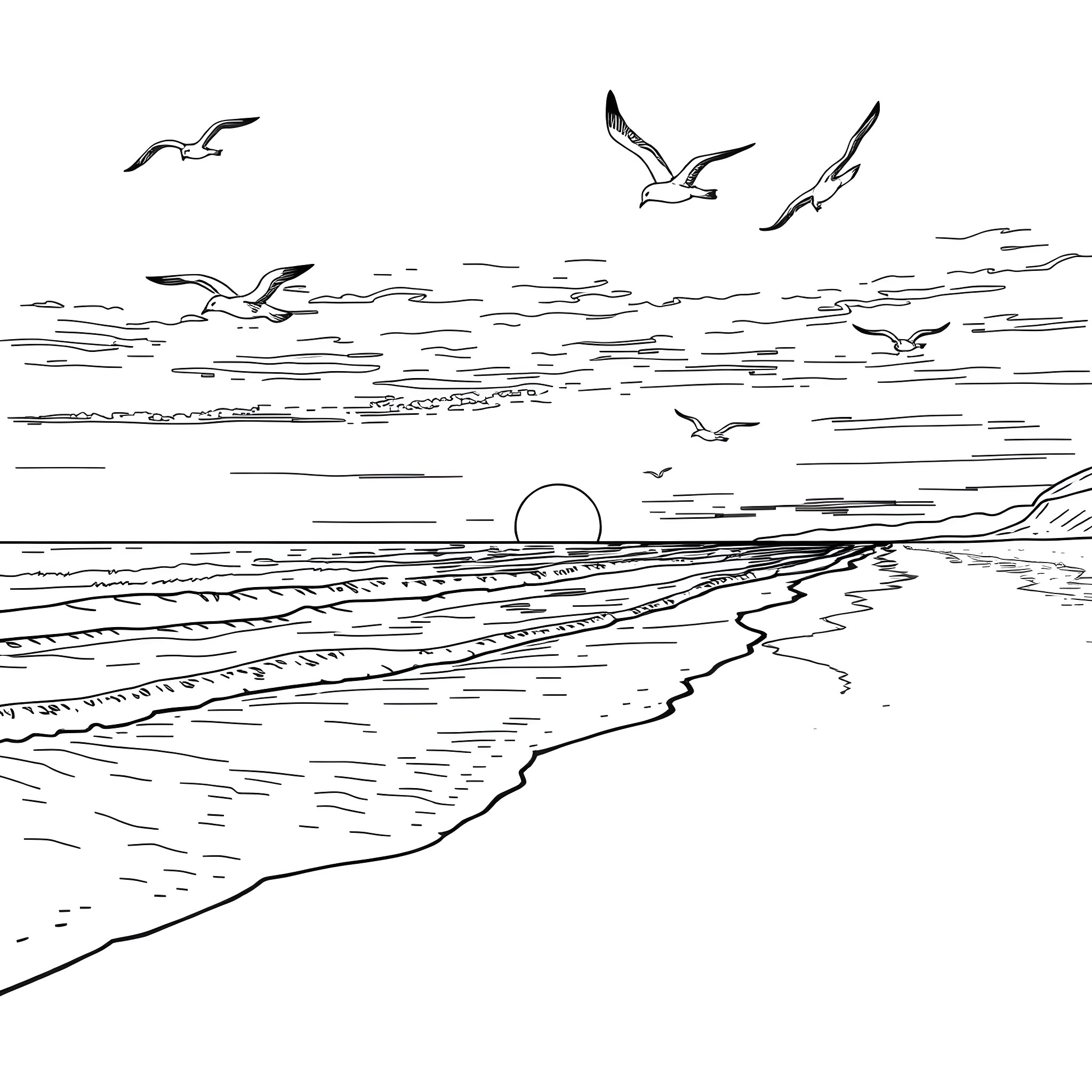 Sunset over the tranquil seascape with soaring seagulls Coloring Page (free black-and-white line drawing printable PDF for all, from beginners to advanced learners, including children, teens, adults, and seniors)