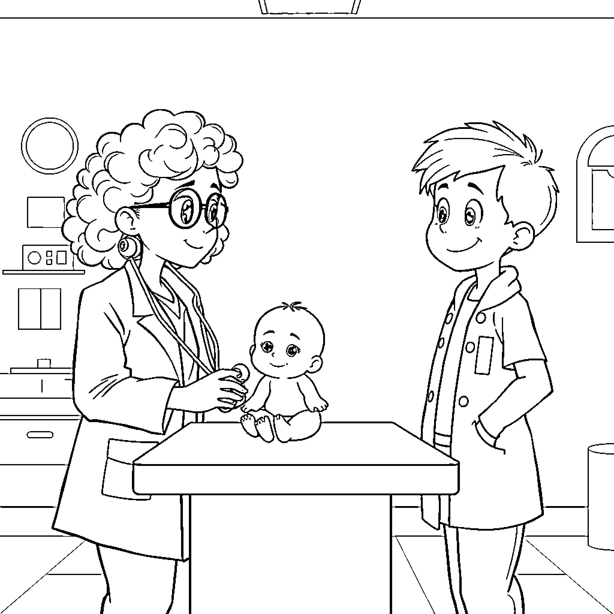 Girl Doctor Examining a Pediatric Patient Coloring Page (free black-and-white line drawing printable PDF for all, from beginners to advanced learners, including children, teens, adults, and seniors)