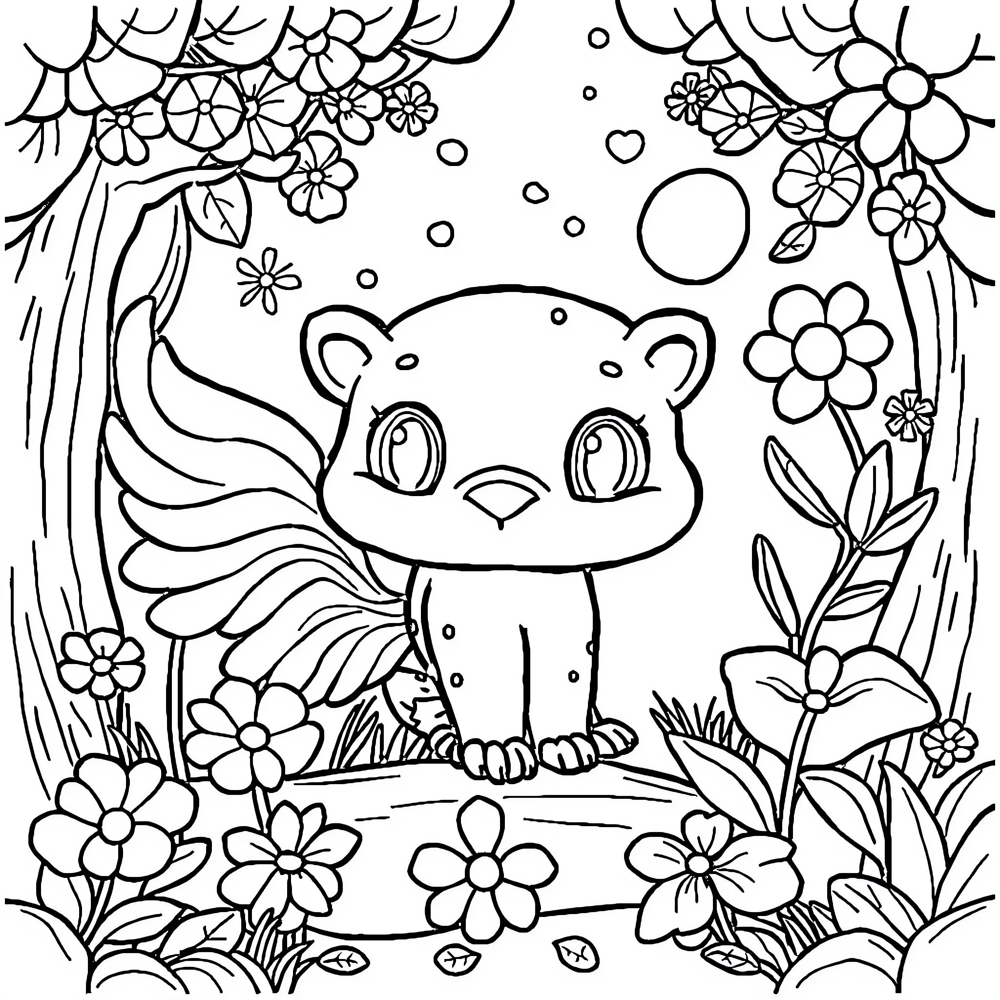 Suku Kata: Cute Forest Animal with Floral Surroundings Coloring Page (free black-and-white line drawing printable PDF for all, from beginners to advanced learners, including children, teens, adults, and seniors)