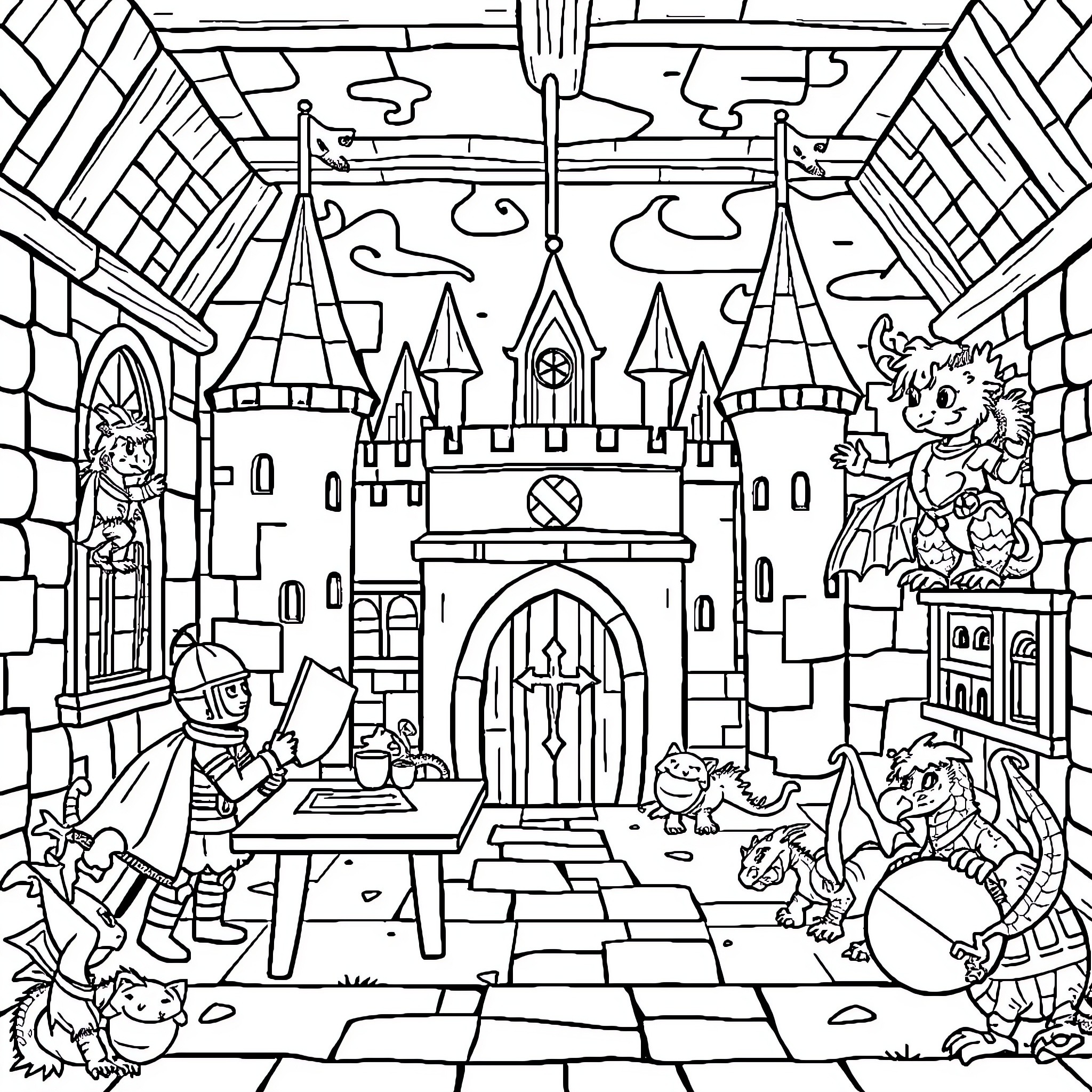 Medieval Scenes of a Fantastical Castle and its Inhabitants Coloring Page (free black-and-white line drawing printable PDF for all, from beginners to advanced learners, including children, teens, adults, and seniors)